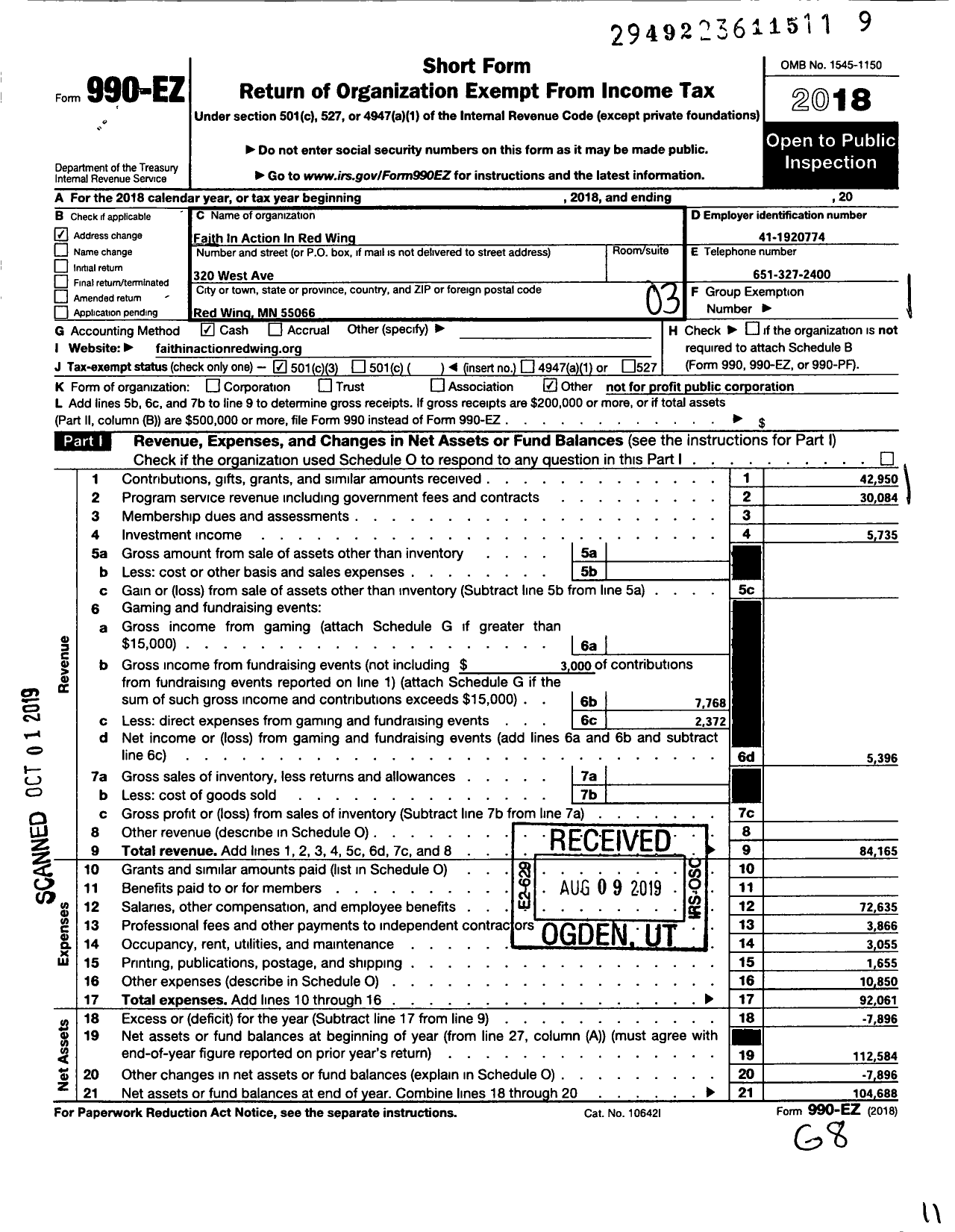 Image of first page of 2018 Form 990EZ for Faith in Action in Red Wing