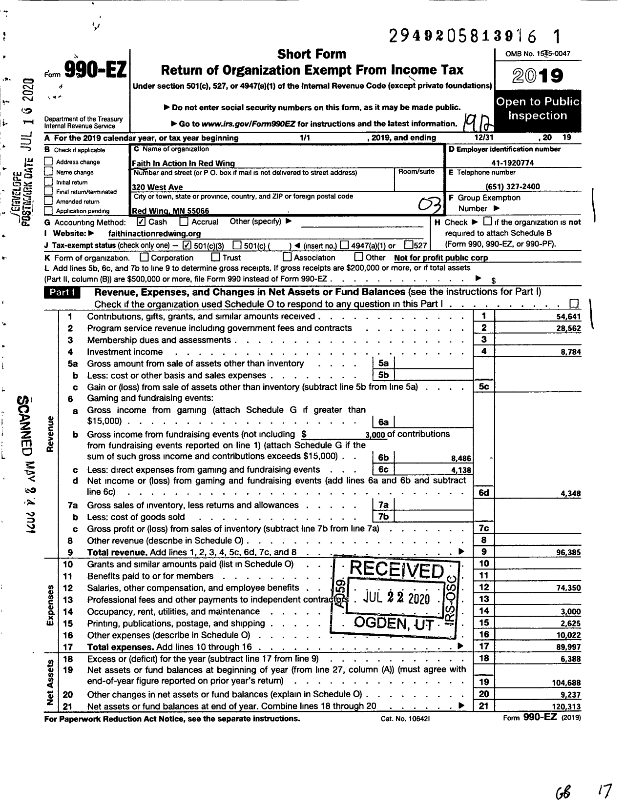 Image of first page of 2019 Form 990EZ for Faith in Action in Red Wing