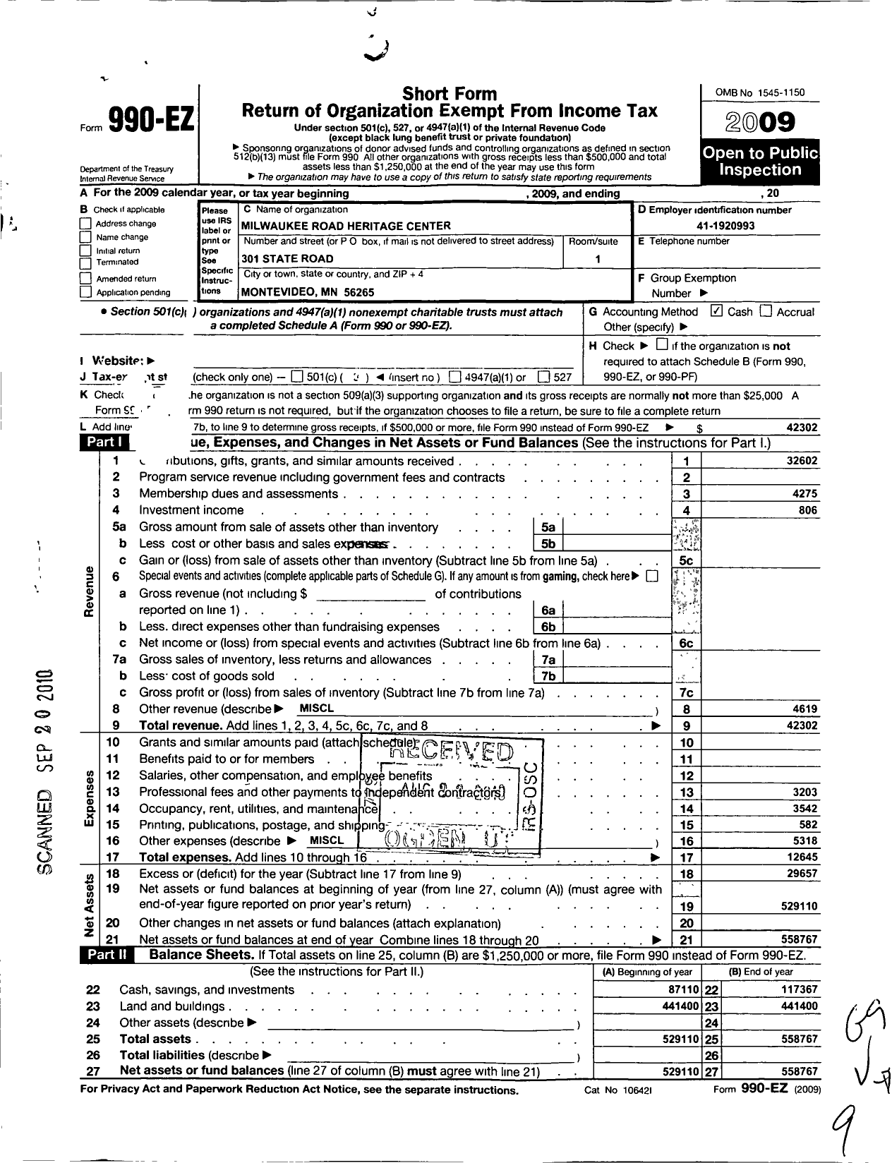 Image of first page of 2009 Form 990EZ for Milwaukee Road Heritage Center