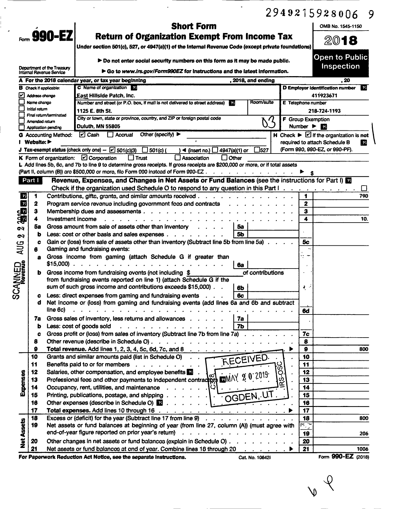 Image of first page of 2018 Form 990EZ for East Hillside Patch