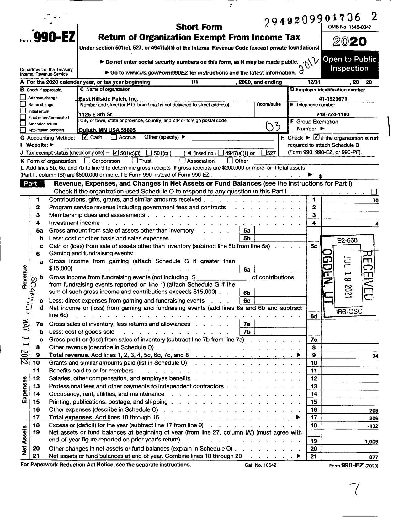 Image of first page of 2020 Form 990EZ for East Hillside Patch