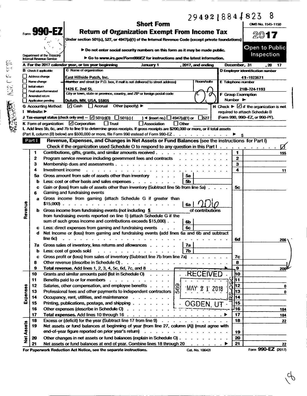 Image of first page of 2017 Form 990EZ for East Hillside Patch