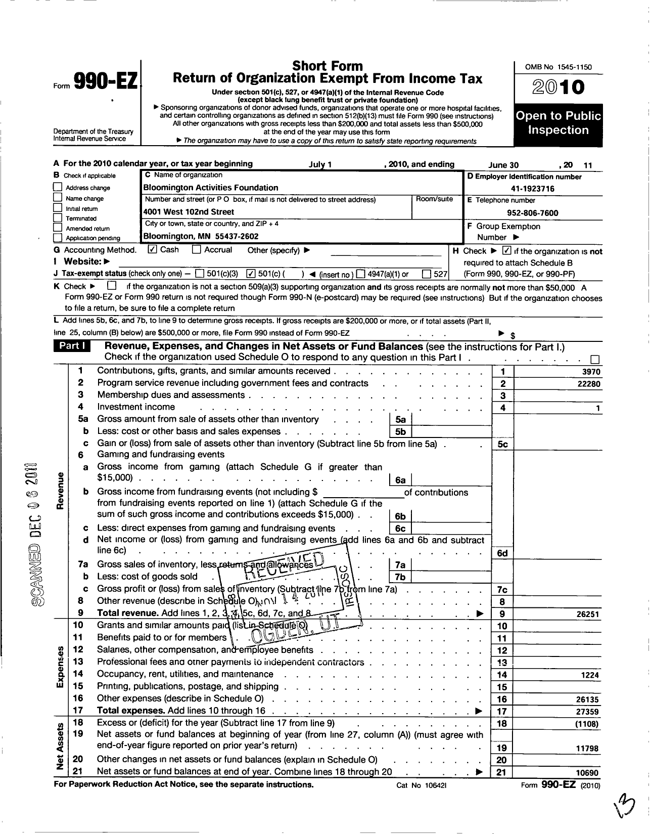 Image of first page of 2010 Form 990EO for Bloomington Activities Foundation