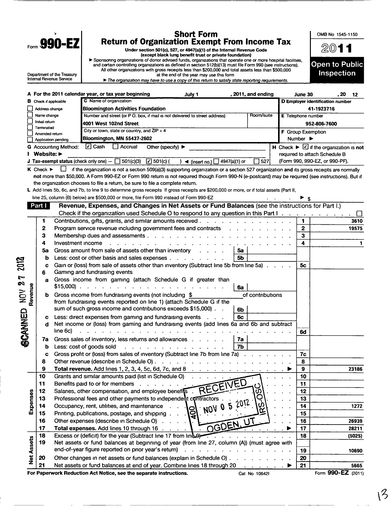 Image of first page of 2011 Form 990EO for Bloomington Activities Foundation