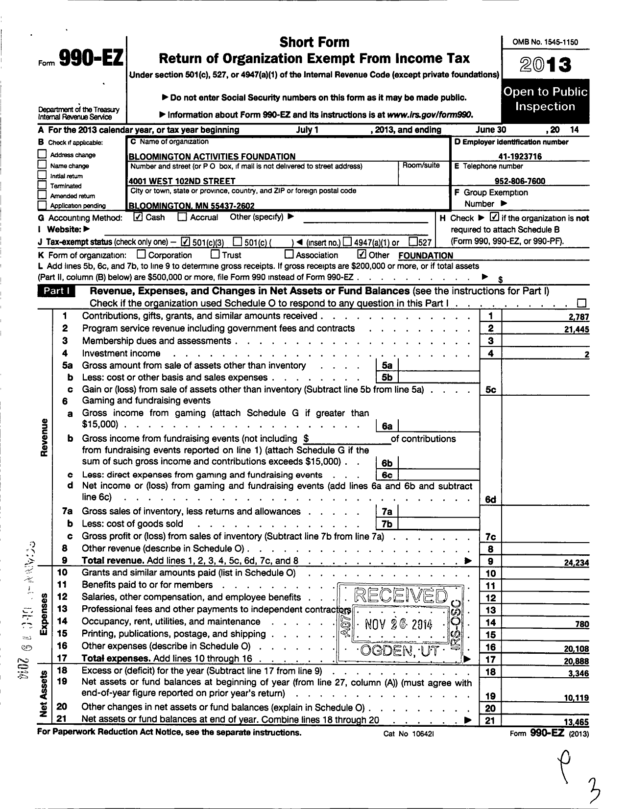 Image of first page of 2013 Form 990EZ for Bloomington Activities Foundation