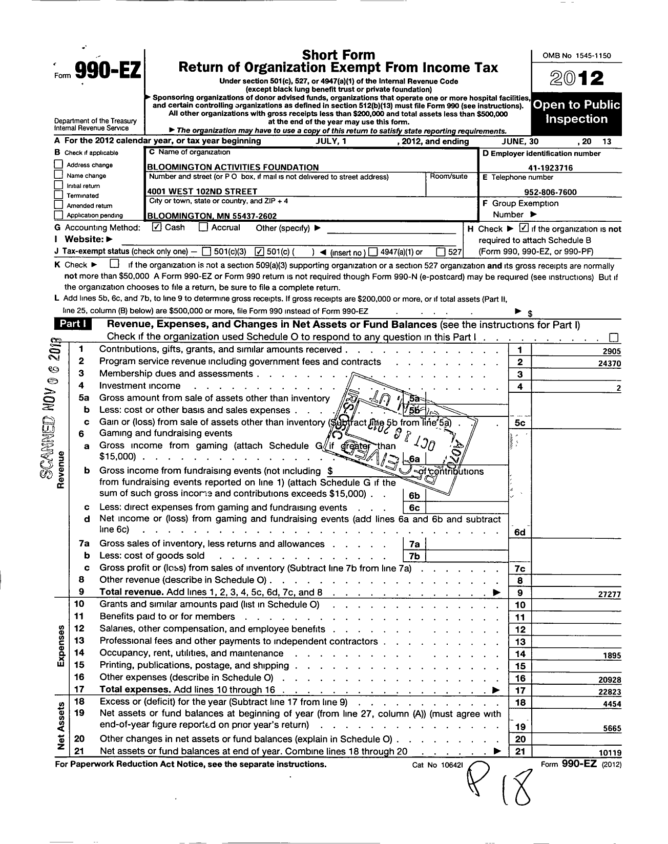 Image of first page of 2012 Form 990EO for Bloomington Activities Foundation