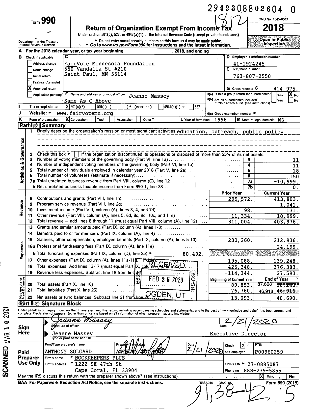 Image of first page of 2018 Form 990 for FairVote Minnesota Foundation