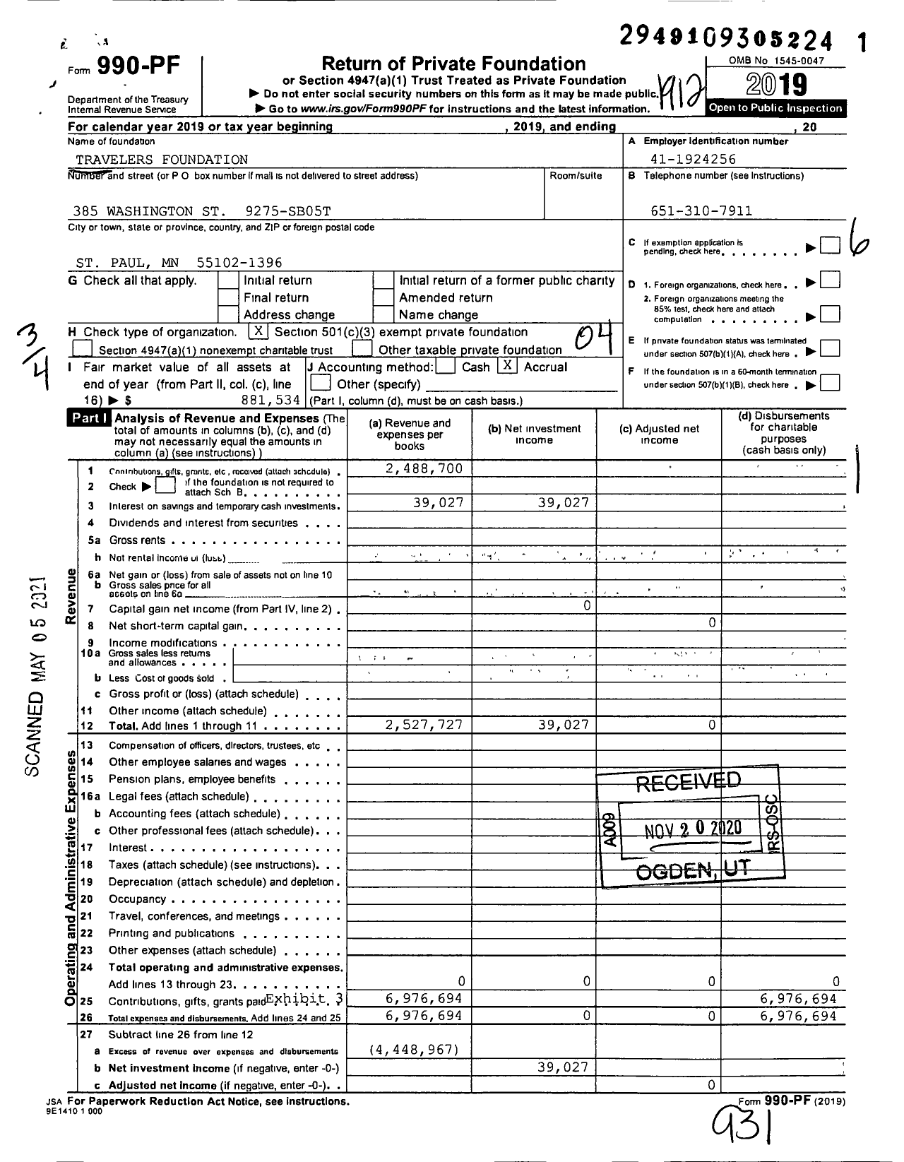 Image of first page of 2019 Form 990PF for Travelers Foundation