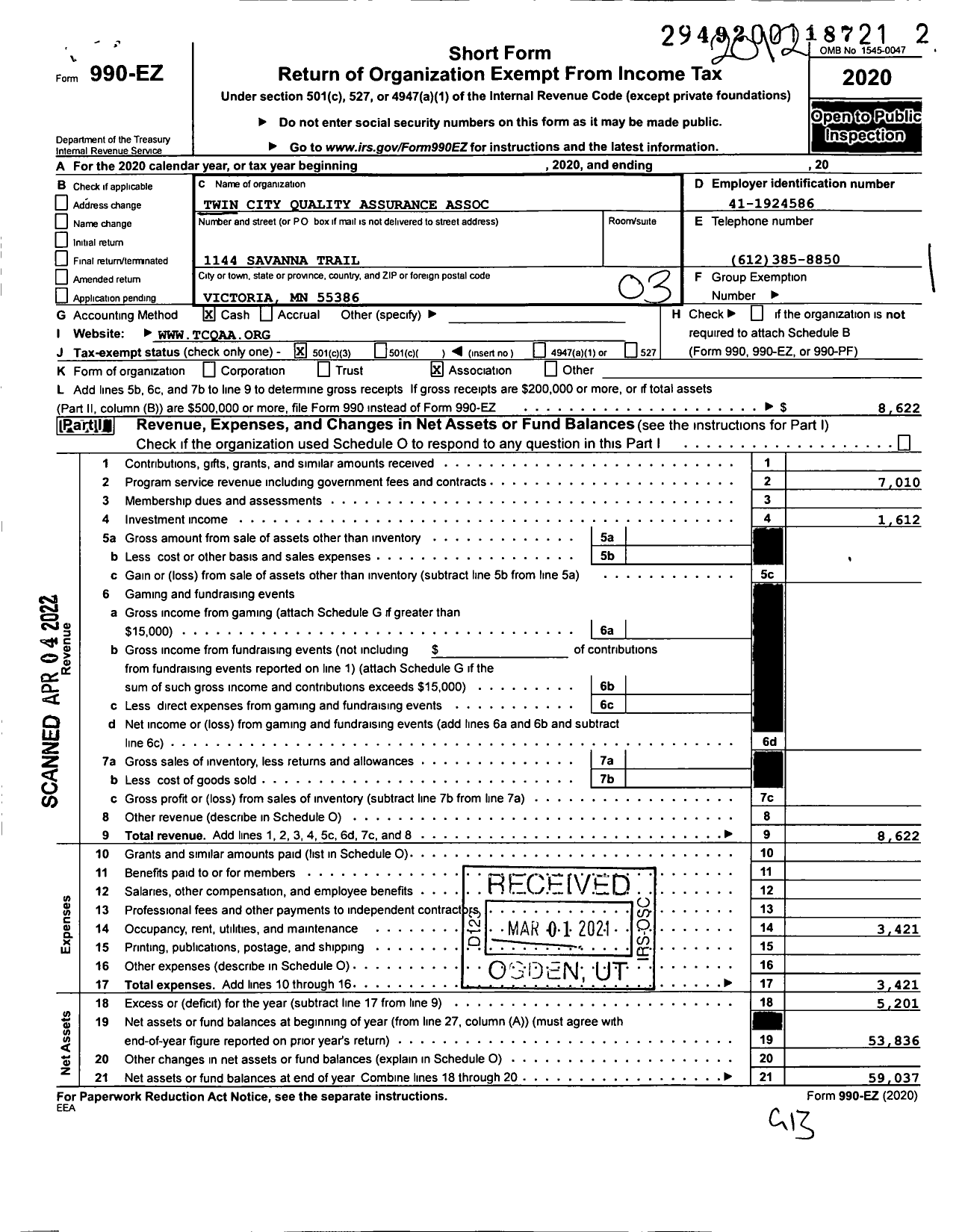 Image of first page of 2020 Form 990EZ for Twin City Quality Assurance Association