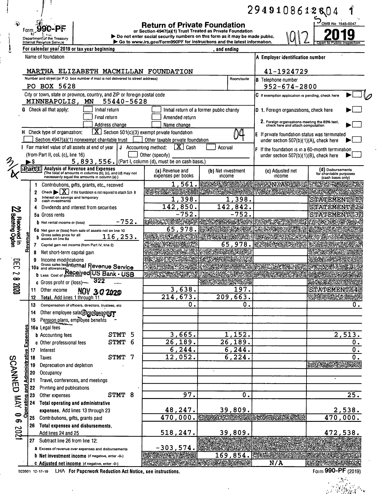 Image of first page of 2019 Form 990PF for Martha Elizabeth Macmillan Foundation