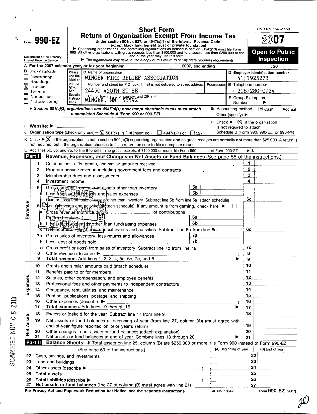 Image of first page of 2007 Form 990EO for City of Winger Firefighters Relief Association