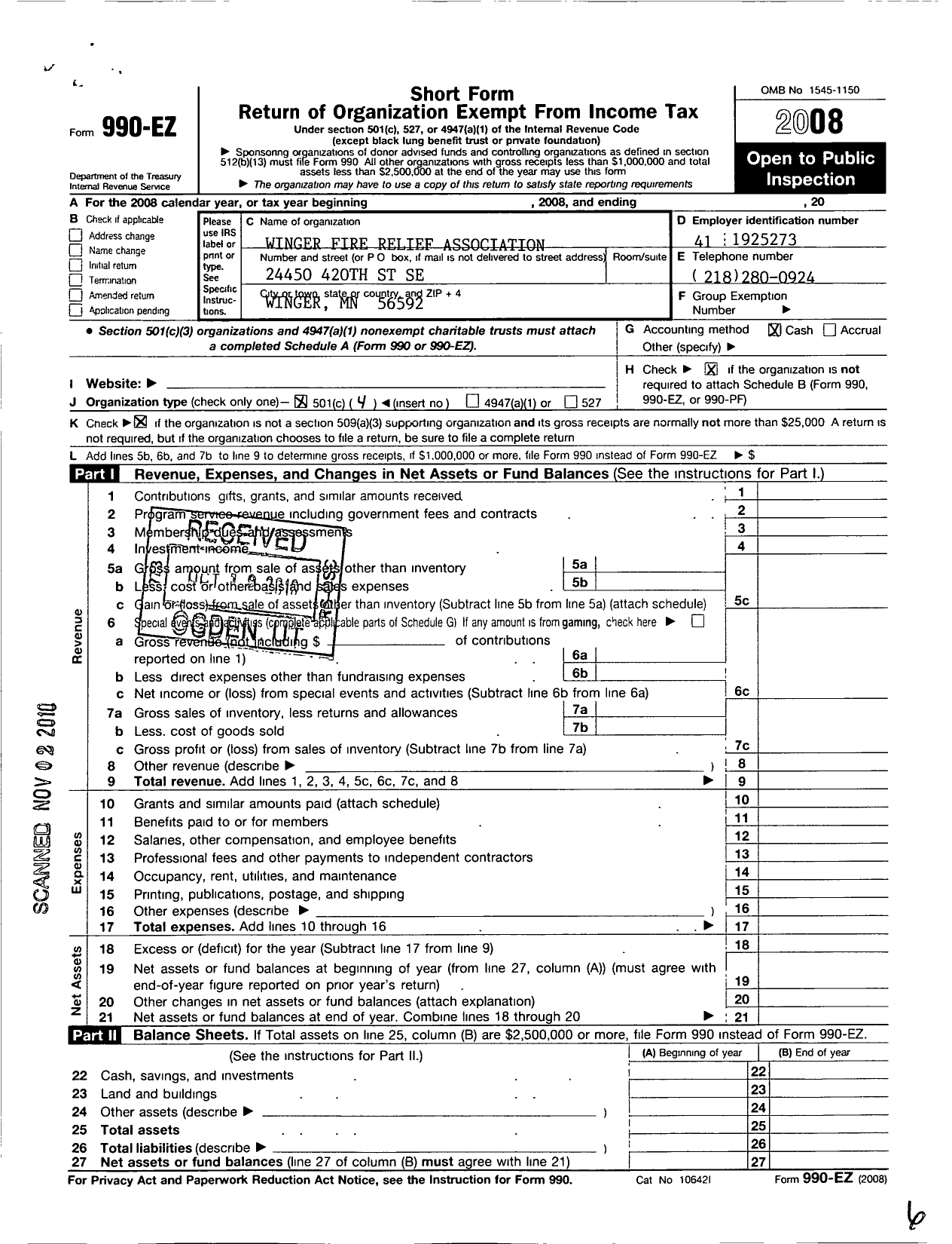 Image of first page of 2008 Form 990EO for City of Winger Firefighters Relief Association