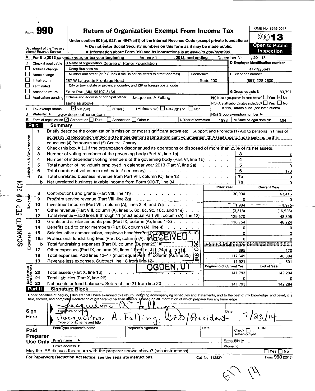 Image of first page of 2013 Form 990 for Degree of Honor Foundation