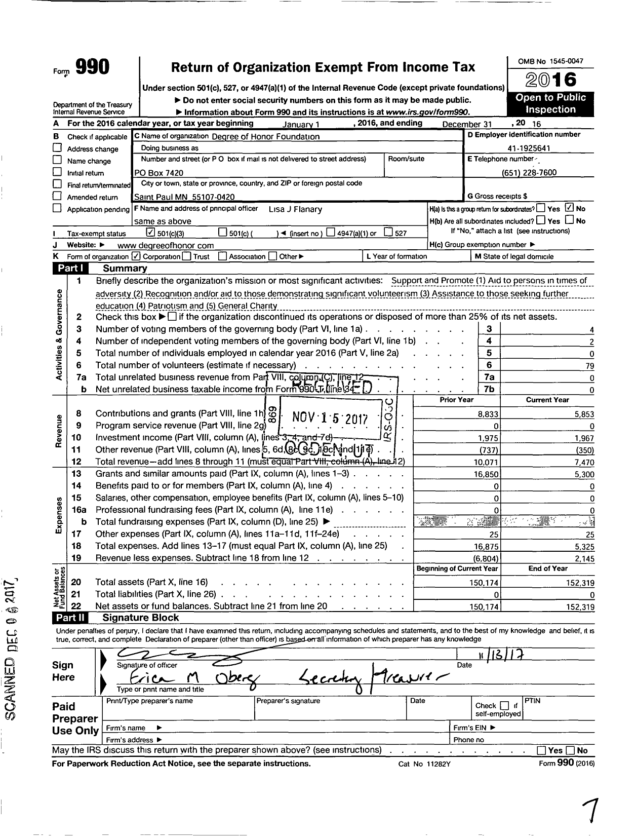 Image of first page of 2016 Form 990 for Degree of Honor Foundation