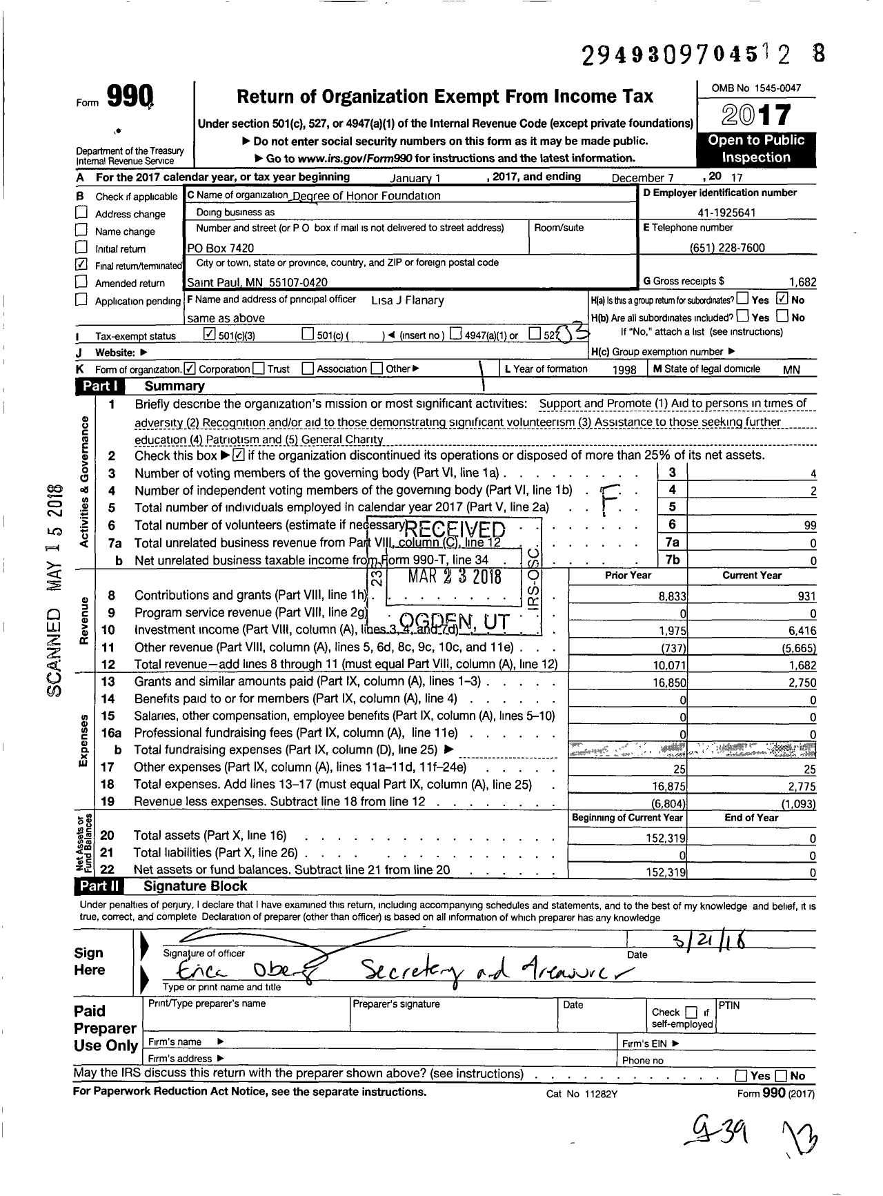 Image of first page of 2017 Form 990 for Degree of Honor Foundation