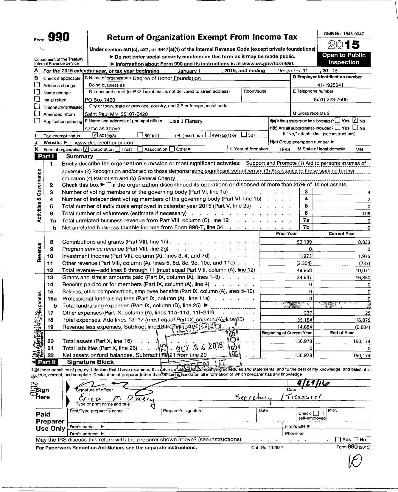 Image of first page of 2015 Form 990 for Degree of Honor Foundation