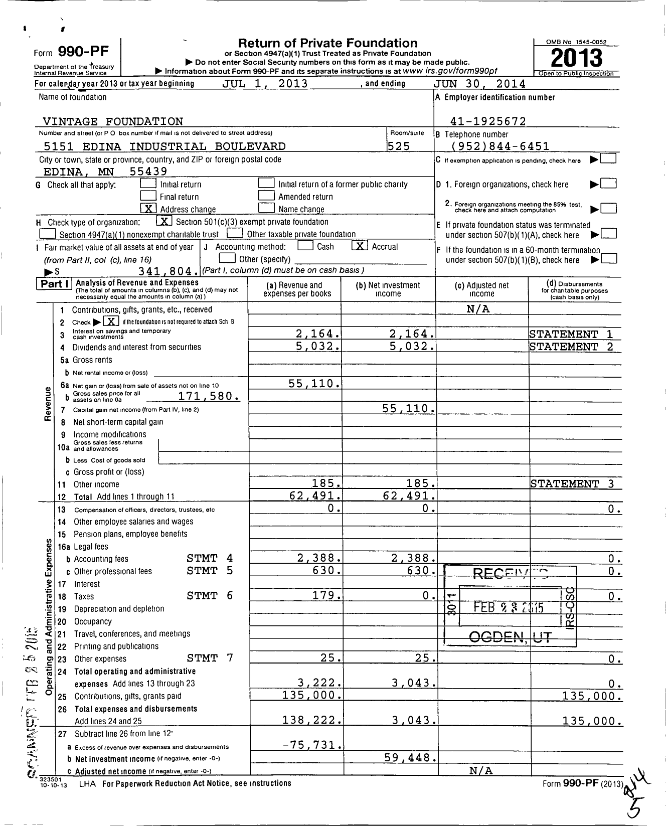 Image of first page of 2013 Form 990PF for Vintage Foundation