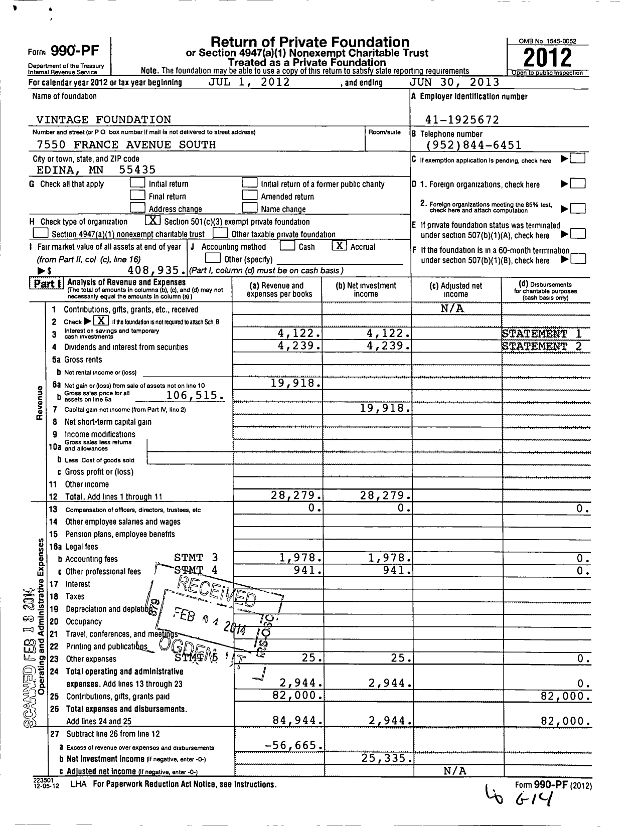 Image of first page of 2012 Form 990PF for Vintage Foundation