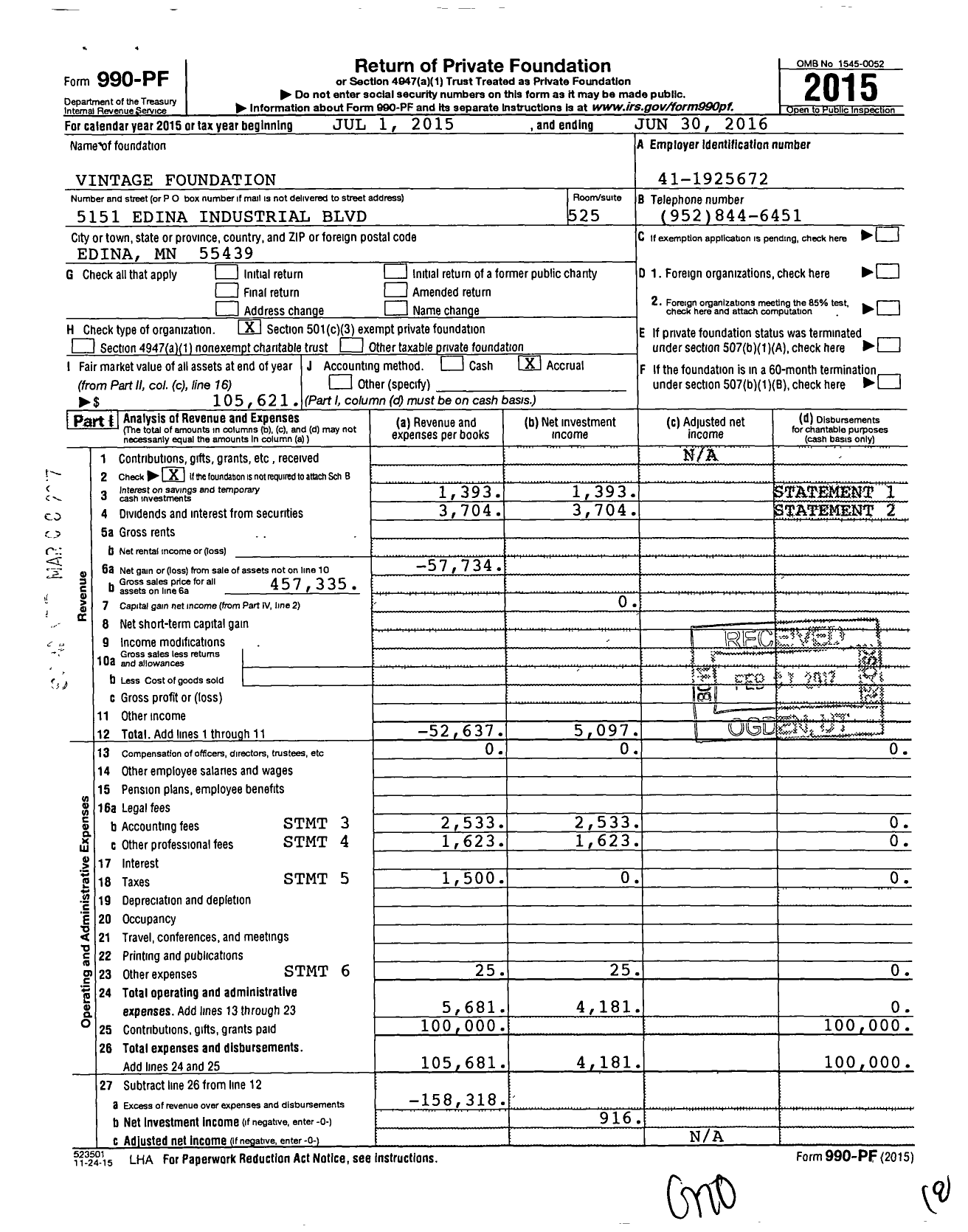 Image of first page of 2015 Form 990PF for Vintage Foundation