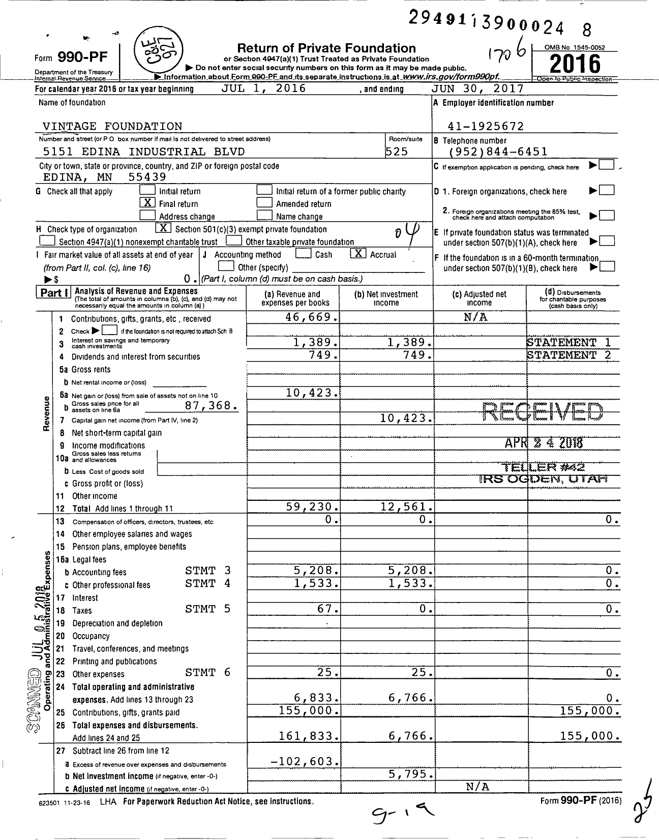 Image of first page of 2016 Form 990PF for Vintage Foundation