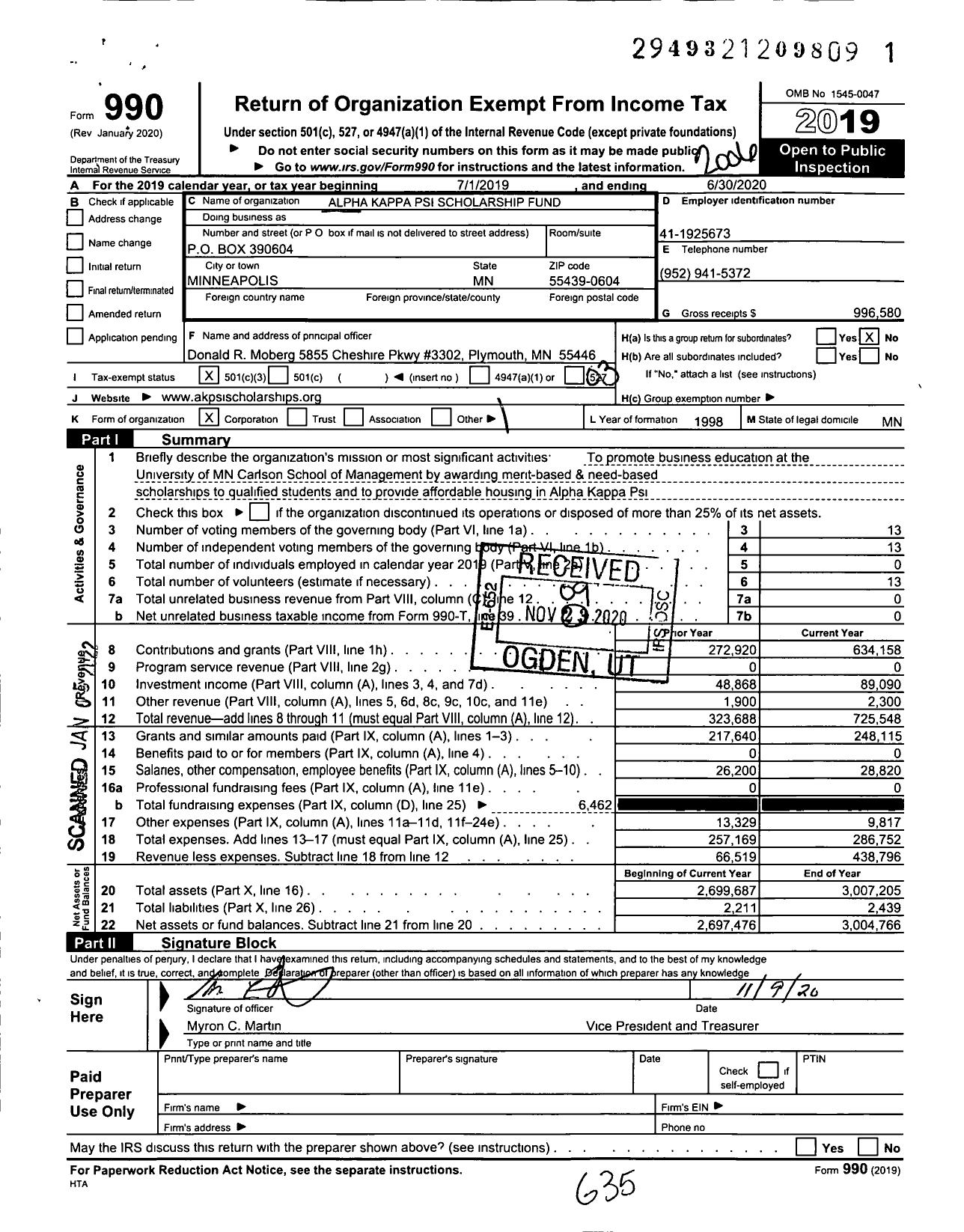 Image of first page of 2019 Form 990 for Alpha Kappa Psi Scholarship Fund