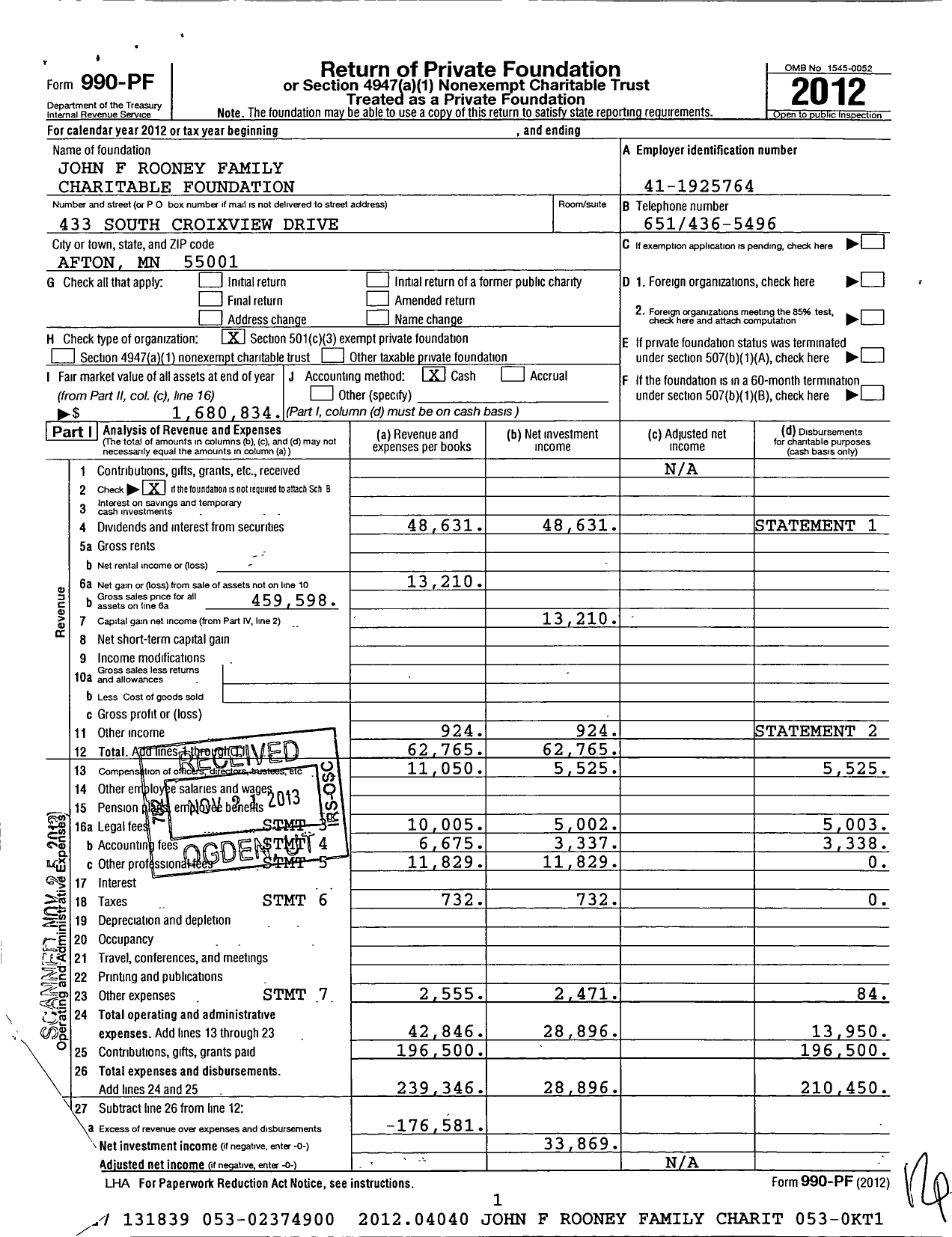 Image of first page of 2012 Form 990PF for John F Rooney Family Charitable Foundation