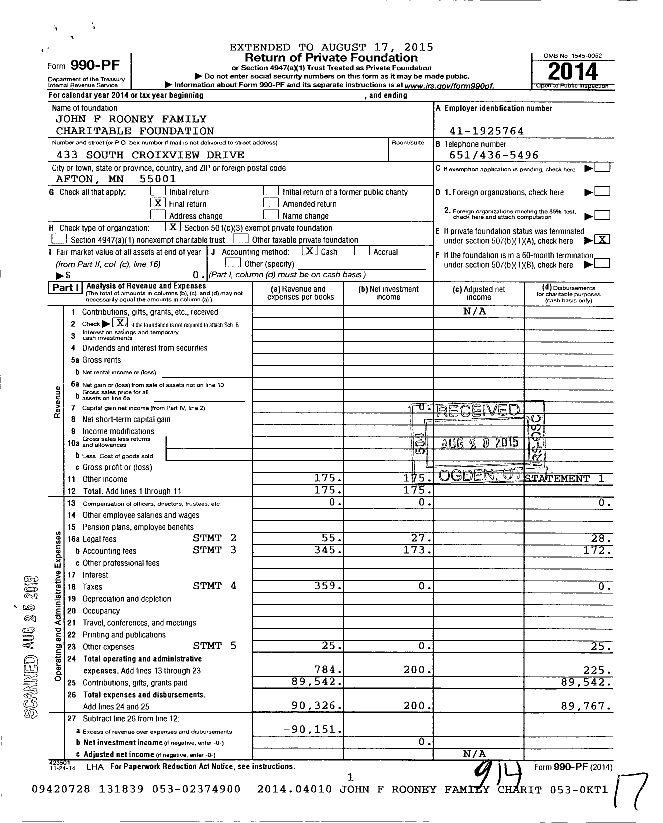 Image of first page of 2014 Form 990PF for John F Rooney Family Charitable Foundation
