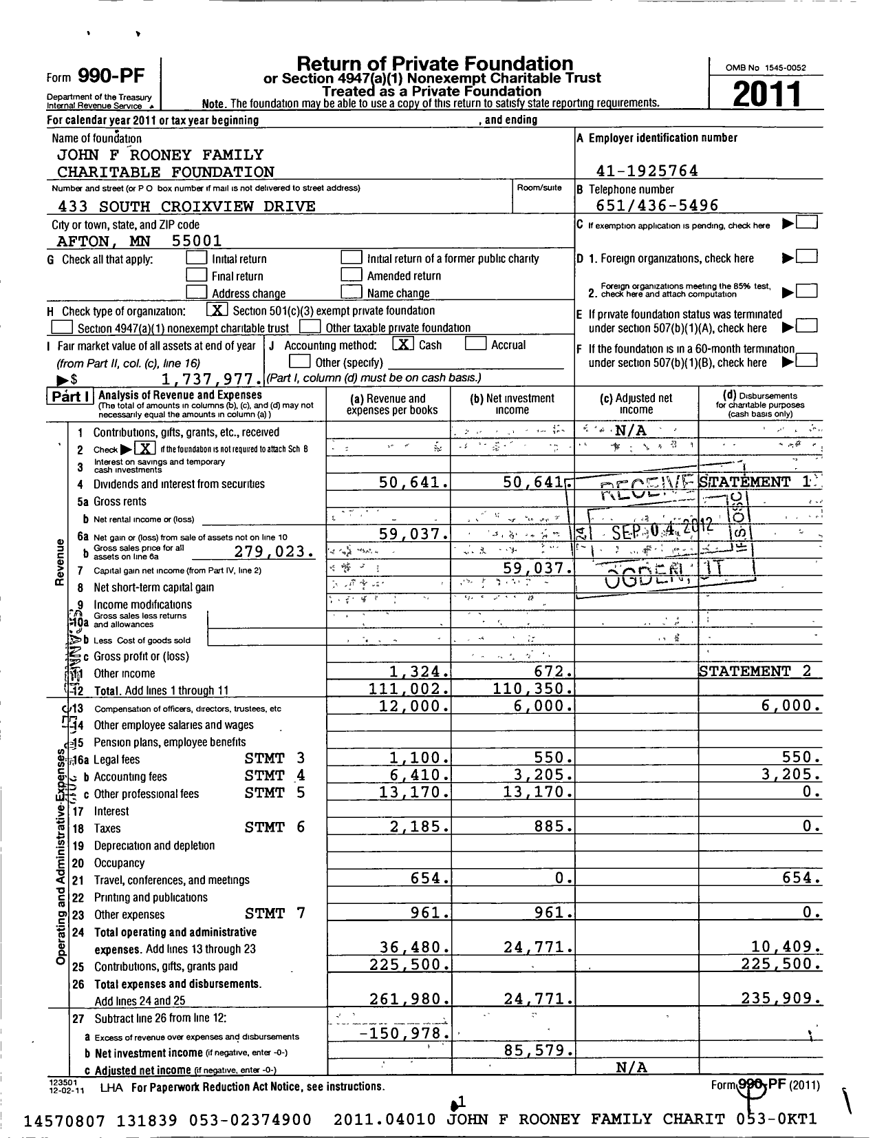 Image of first page of 2011 Form 990PF for John F Rooney Family Charitable Foundation