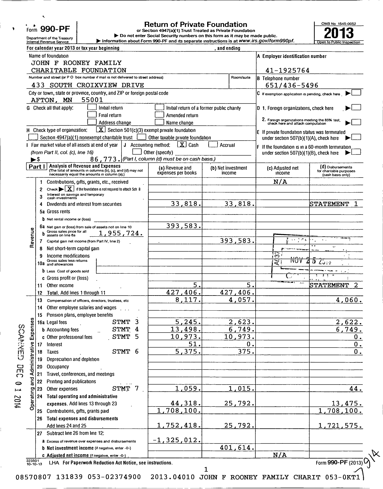 Image of first page of 2013 Form 990PF for John F Rooney Family Charitable Foundation