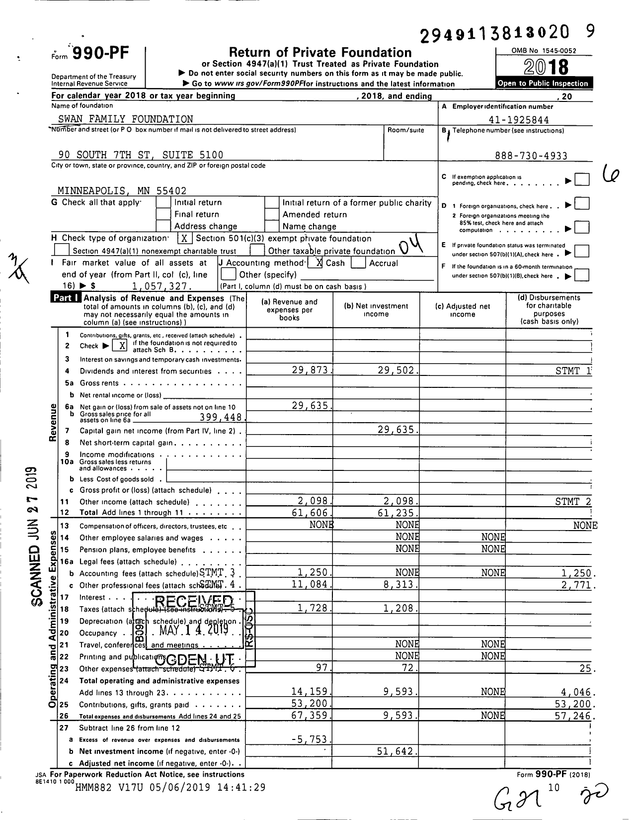 Image of first page of 2018 Form 990PF for Swan Family Foundation