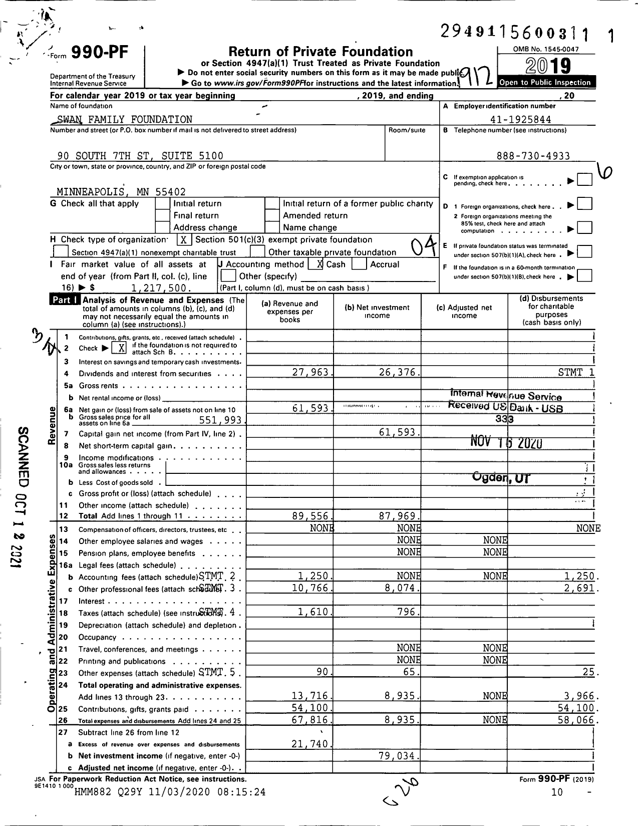 Image of first page of 2019 Form 990PF for Swan Family Foundation