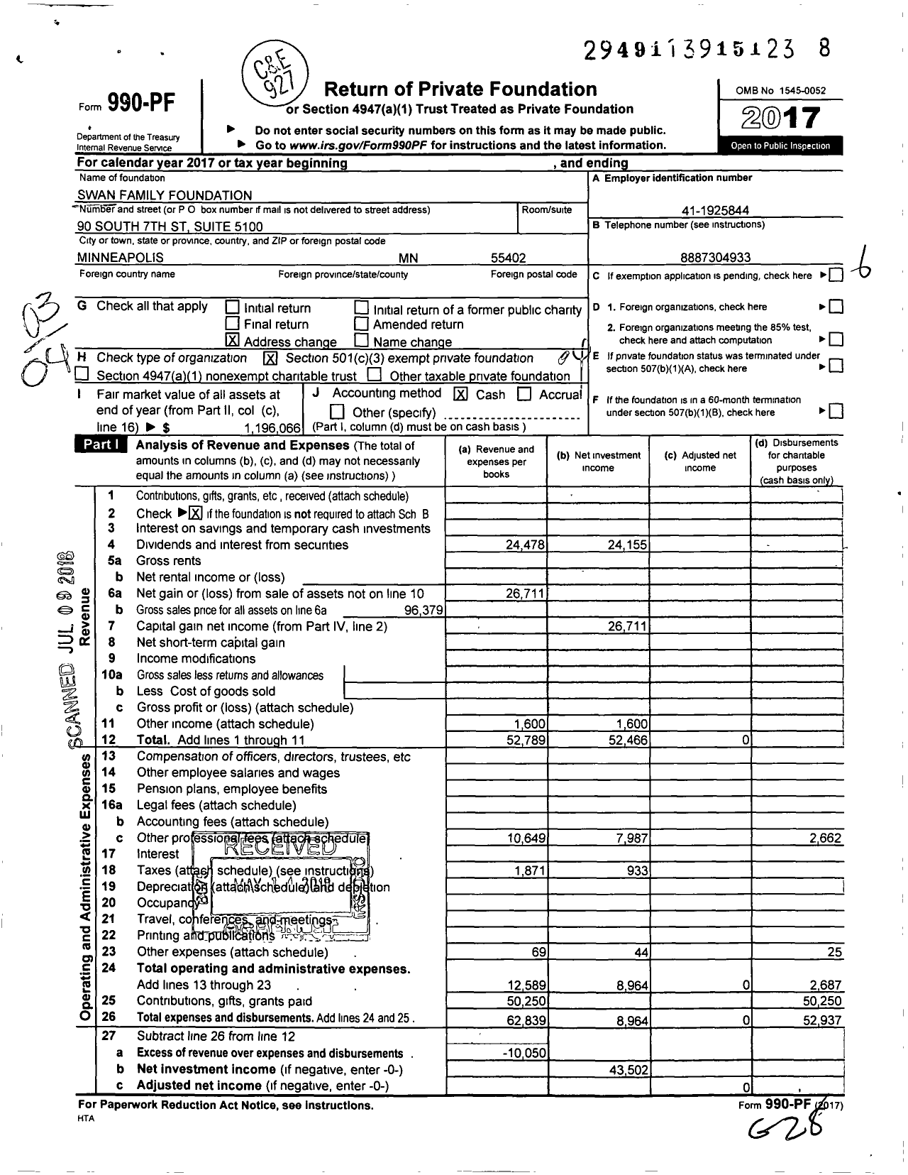 Image of first page of 2017 Form 990PF for Swan Family Foundation