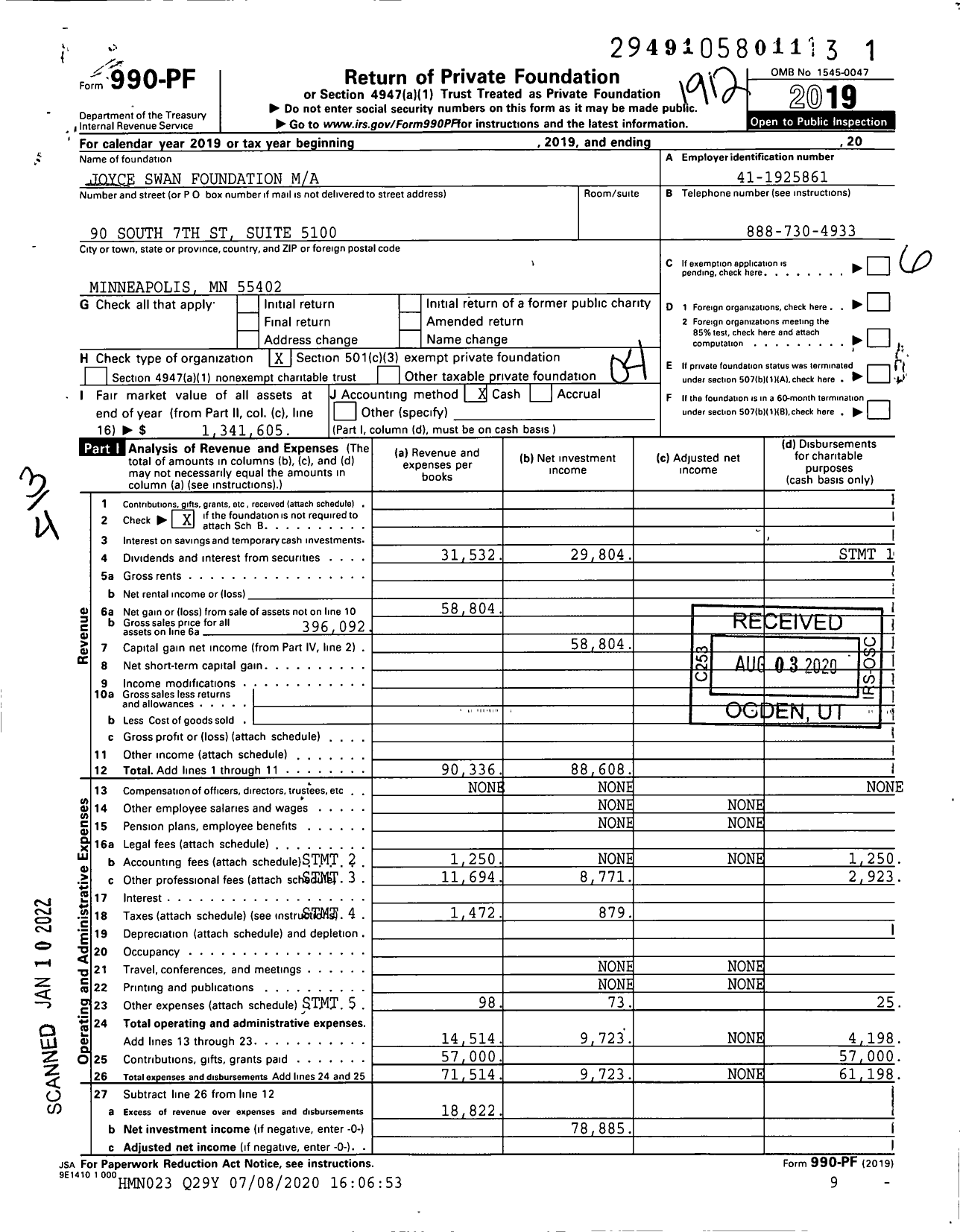 Image of first page of 2019 Form 990PF for Joyce Swan Foundation Ima XXX-XX-XXXX