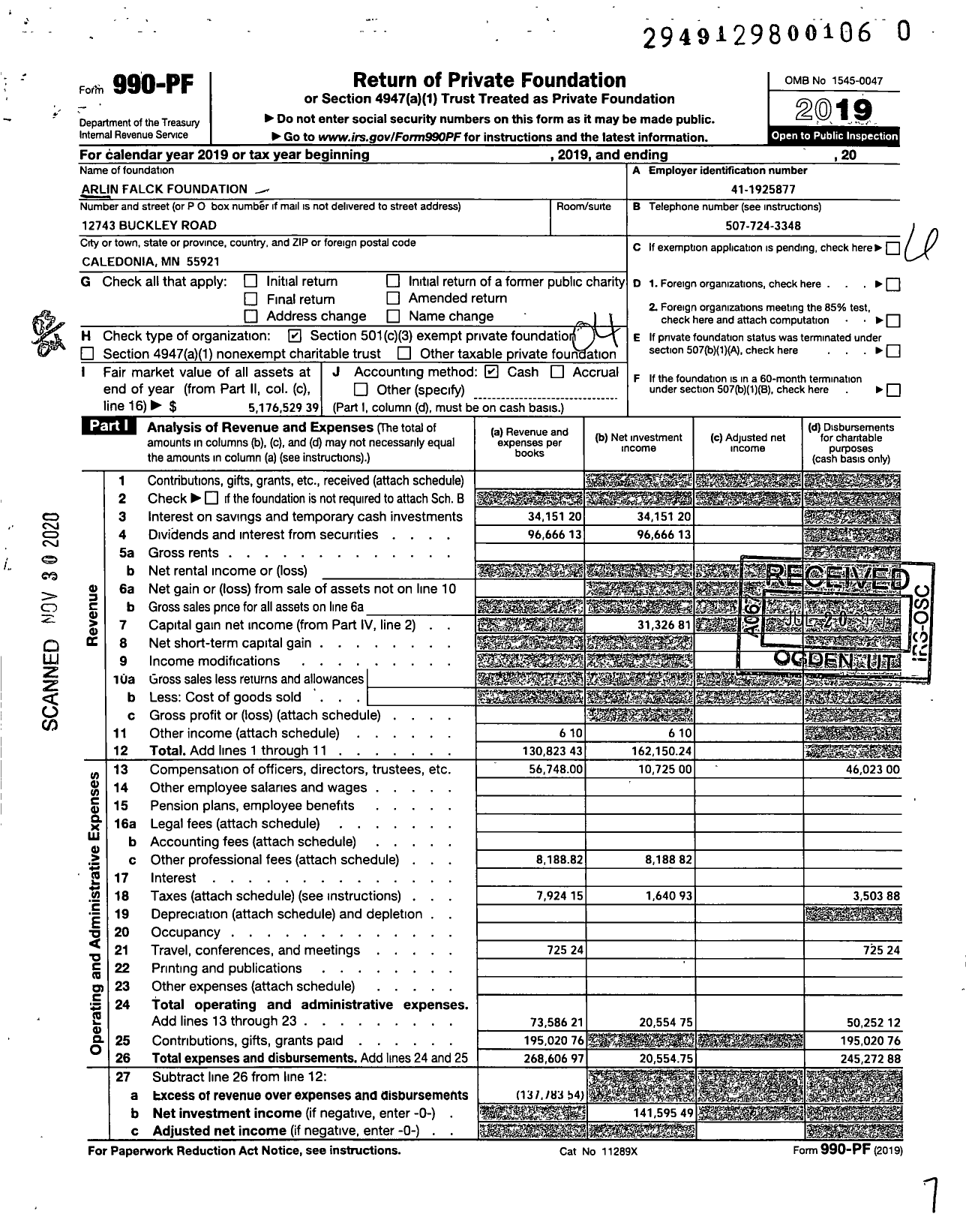 Image of first page of 2019 Form 990PF for Arlin Falck Foundation