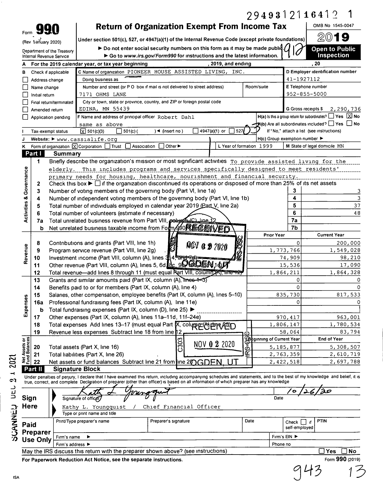 Image of first page of 2019 Form 990 for Pioneer House Assisted Living