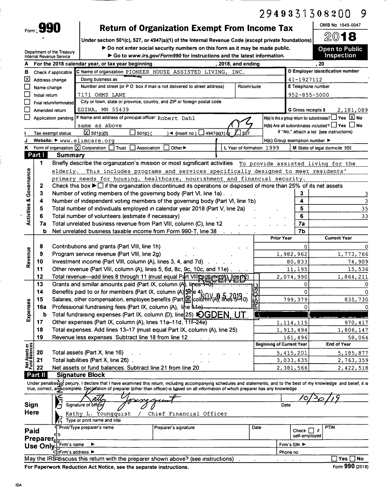 Image of first page of 2018 Form 990 for Pioneer House Assisted Living