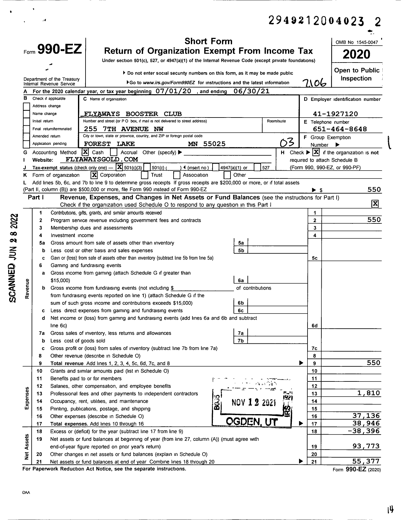 Image of first page of 2020 Form 990EZ for Flyaways Booster Club