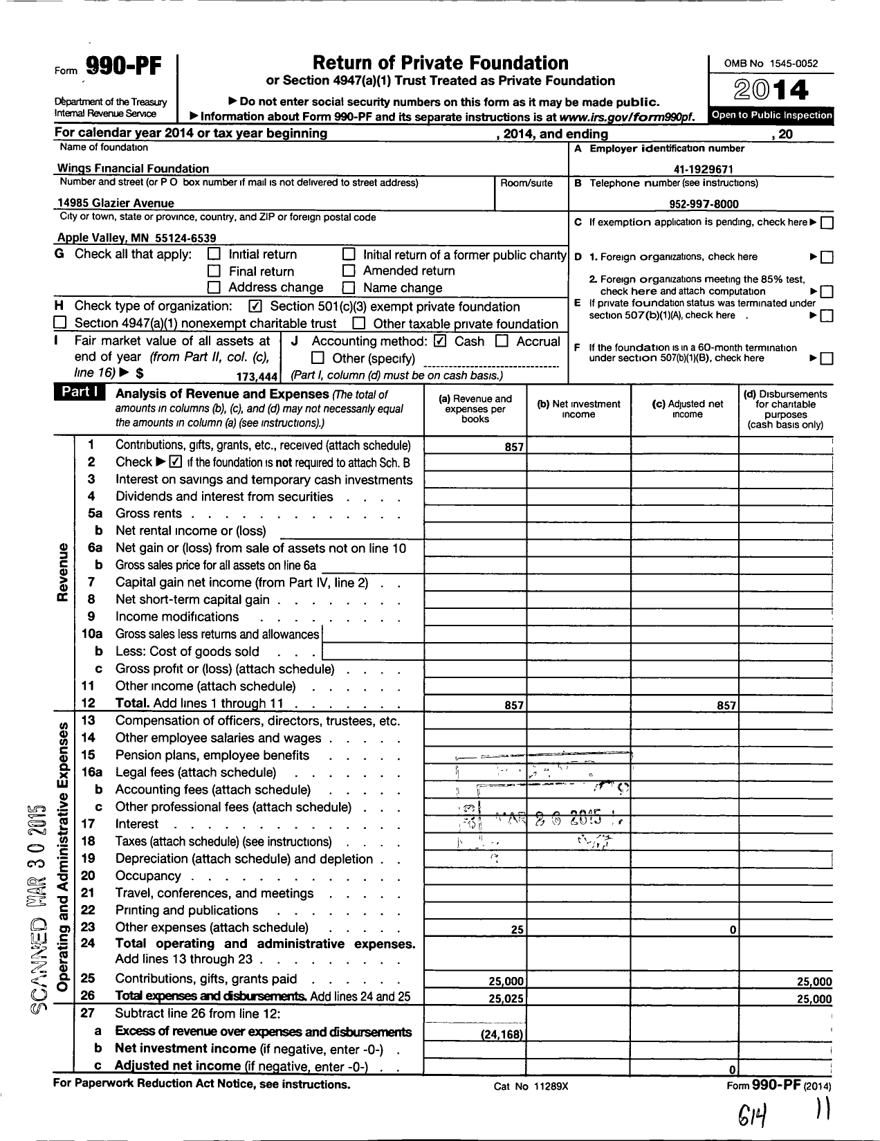 Image of first page of 2014 Form 990PF for Wings Financial Foundation