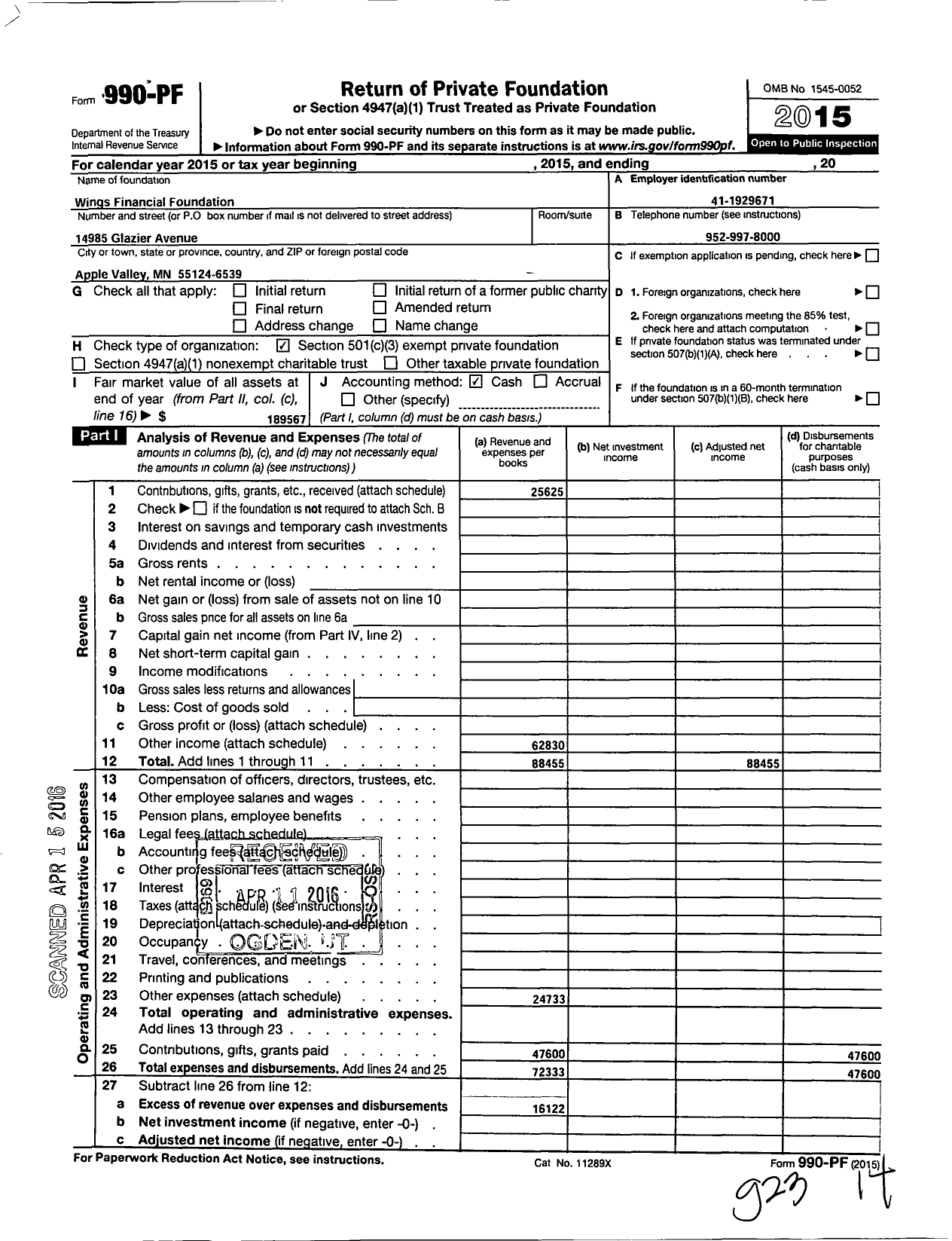 Image of first page of 2015 Form 990PF for Wings Financial Foundation