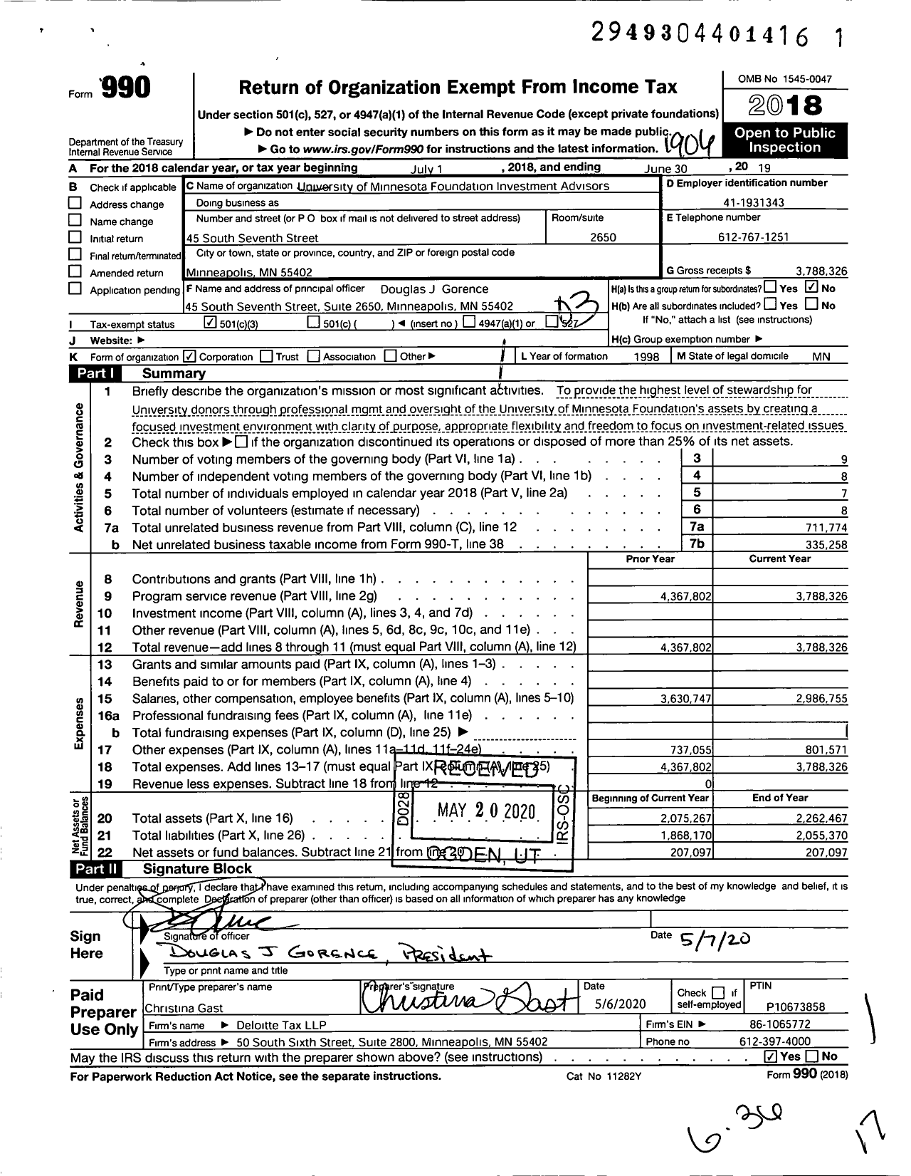 Image of first page of 2018 Form 990 for University of Minnesota Foundation Investment Advisors (UMFIA)