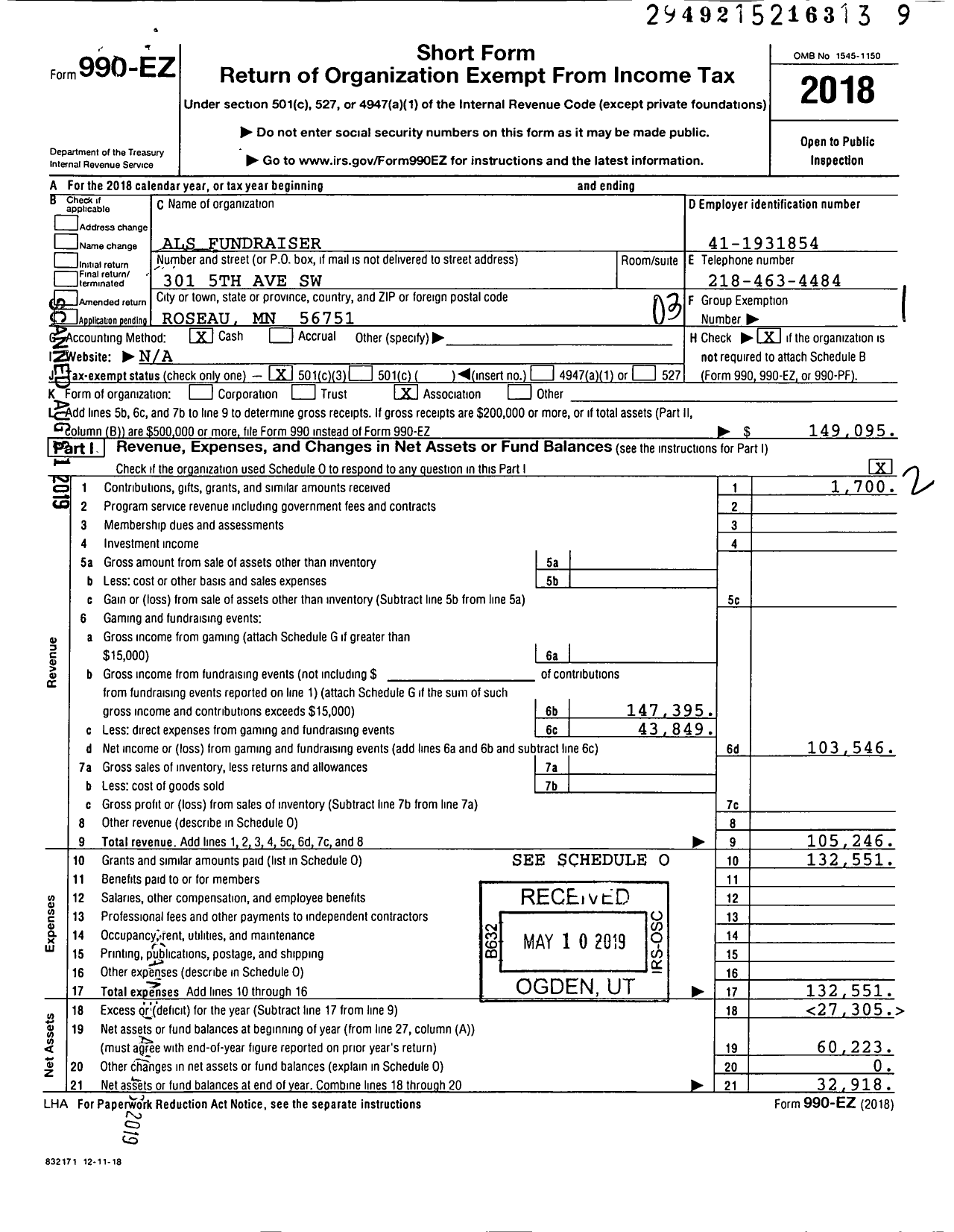 Image of first page of 2018 Form 990EZ for Als Fundraiser