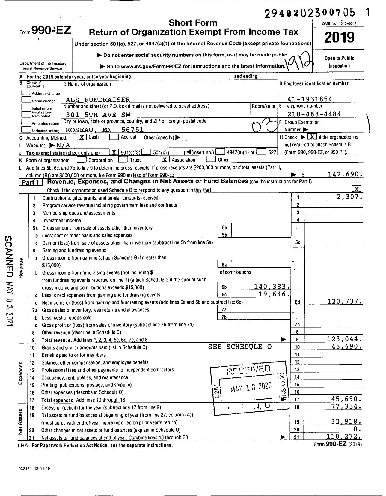 Image of first page of 2019 Form 990EZ for Als Fundraiser