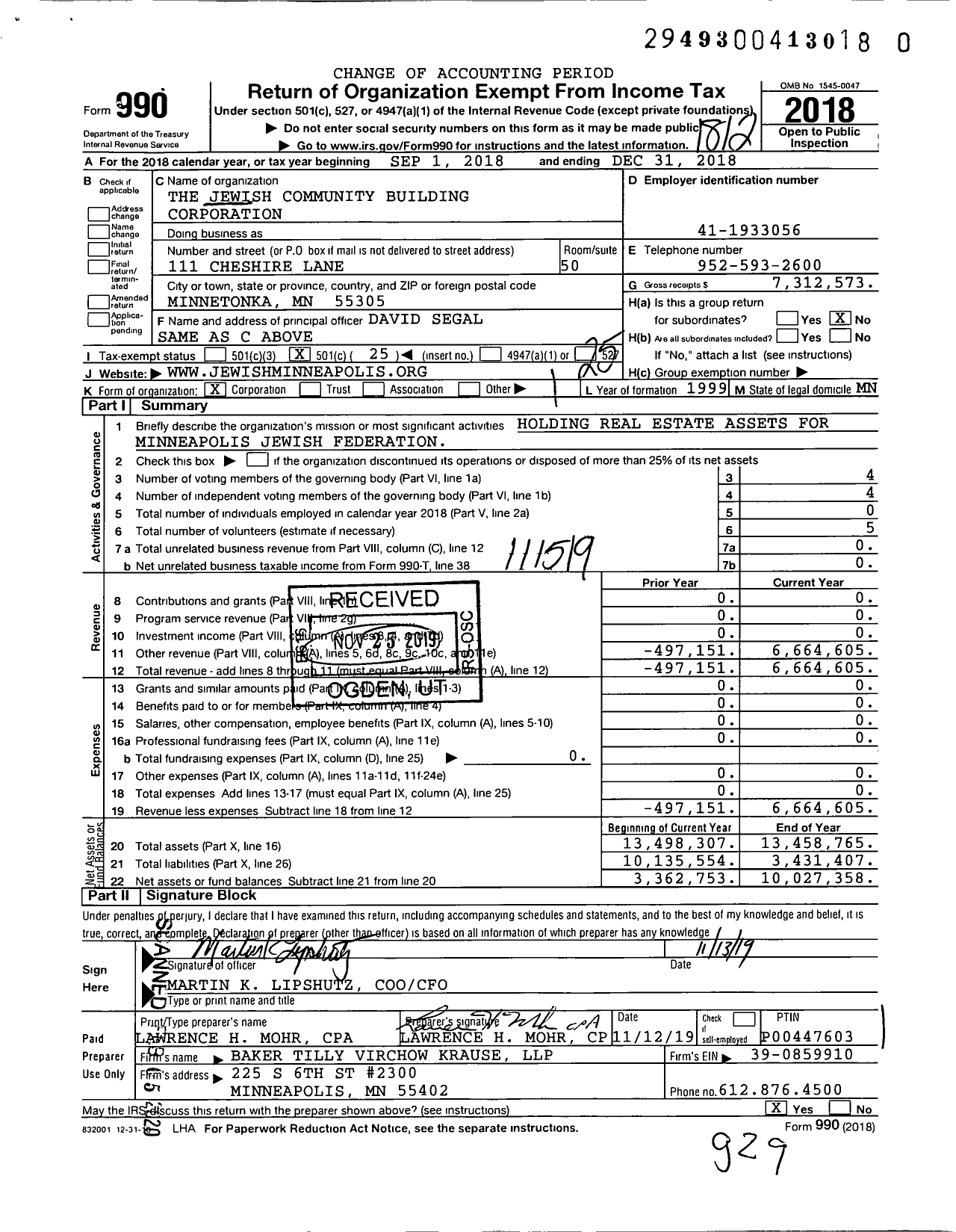 Image of first page of 2018 Form 990O for The Jewish Community Building Corporation