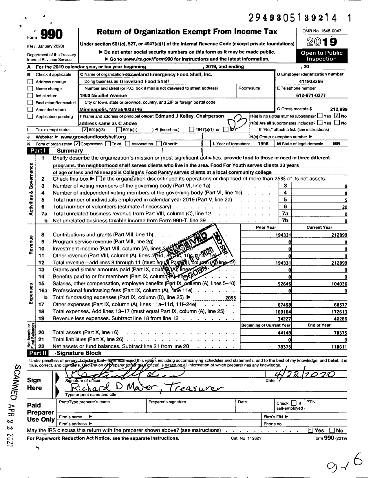 Image of first page of 2019 Form 990 for Groveland Food Shelf