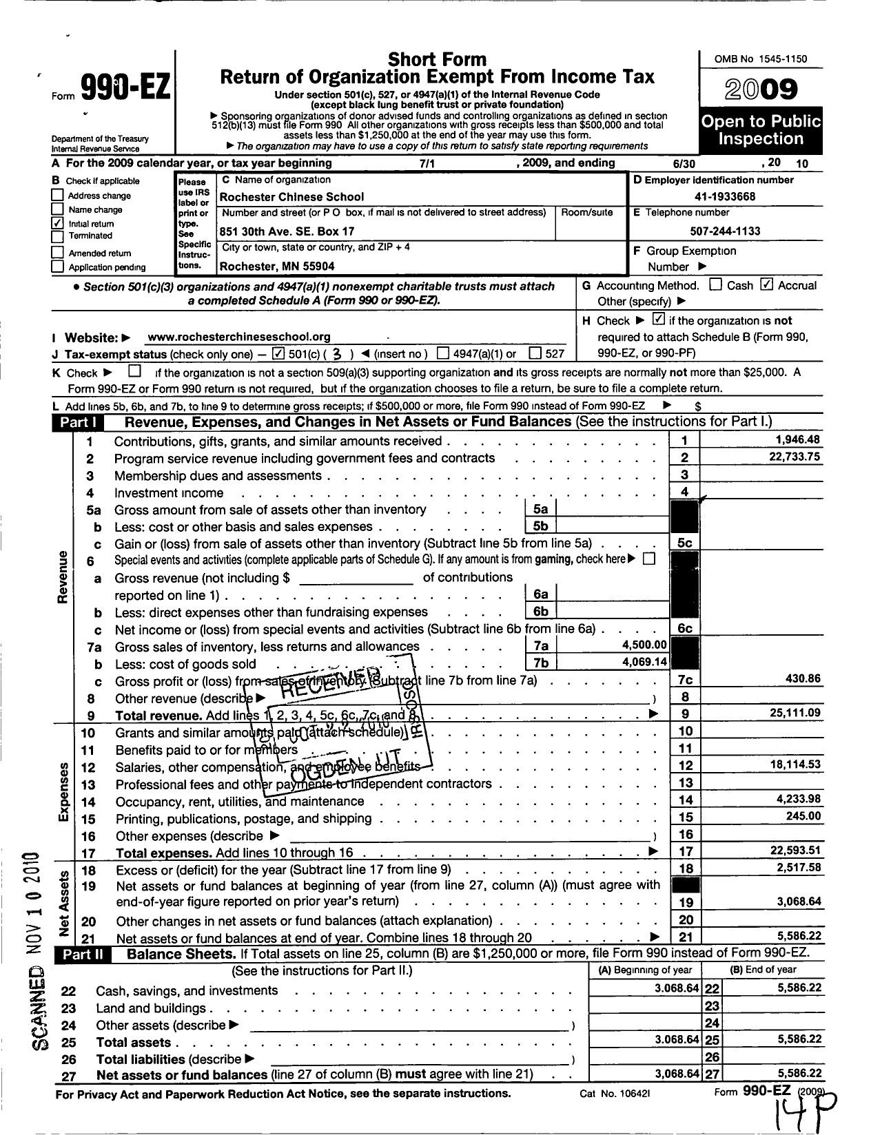 Image of first page of 2009 Form 990EZ for Rochester Chinese School