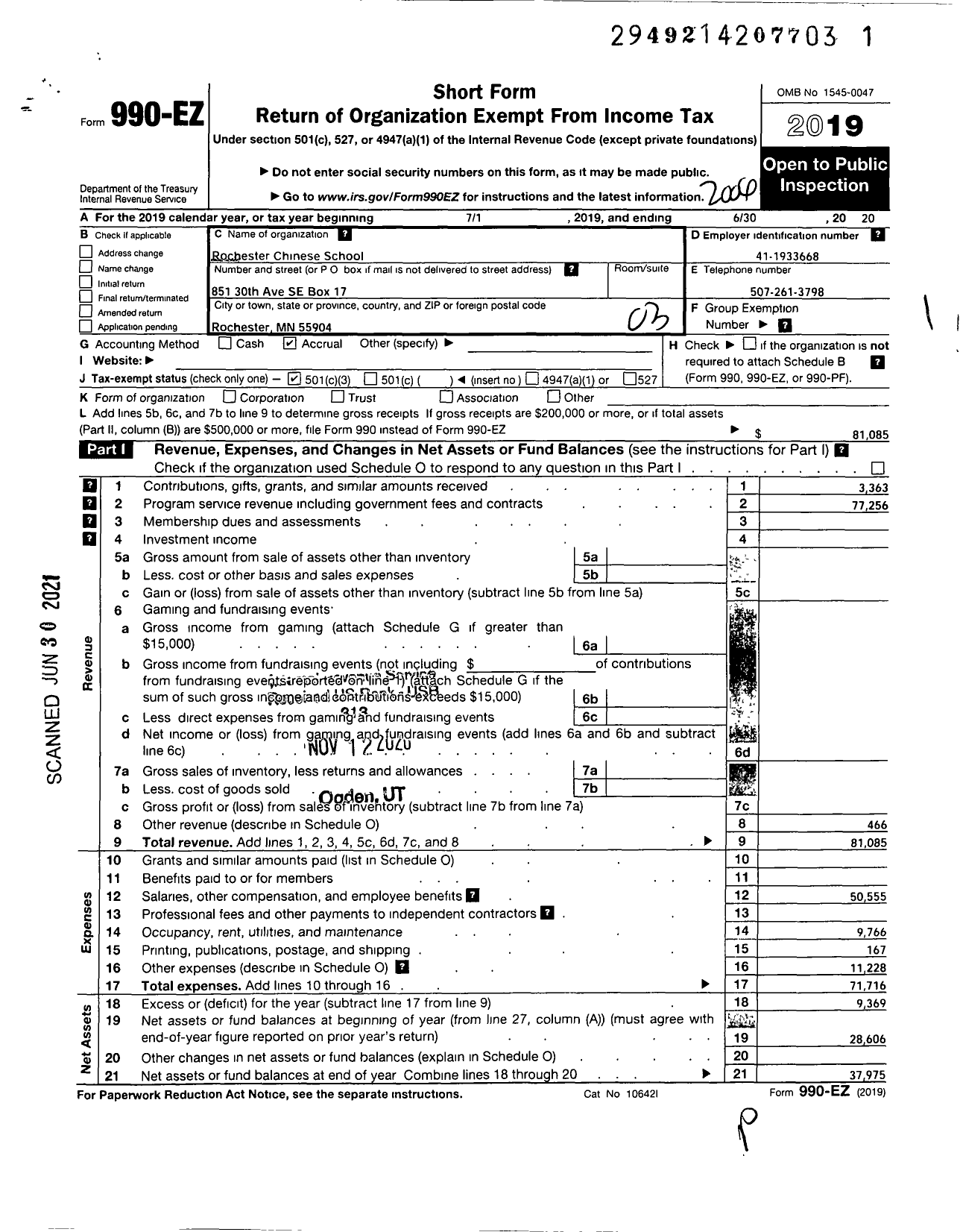 Image of first page of 2019 Form 990EZ for Rochester Chinese School