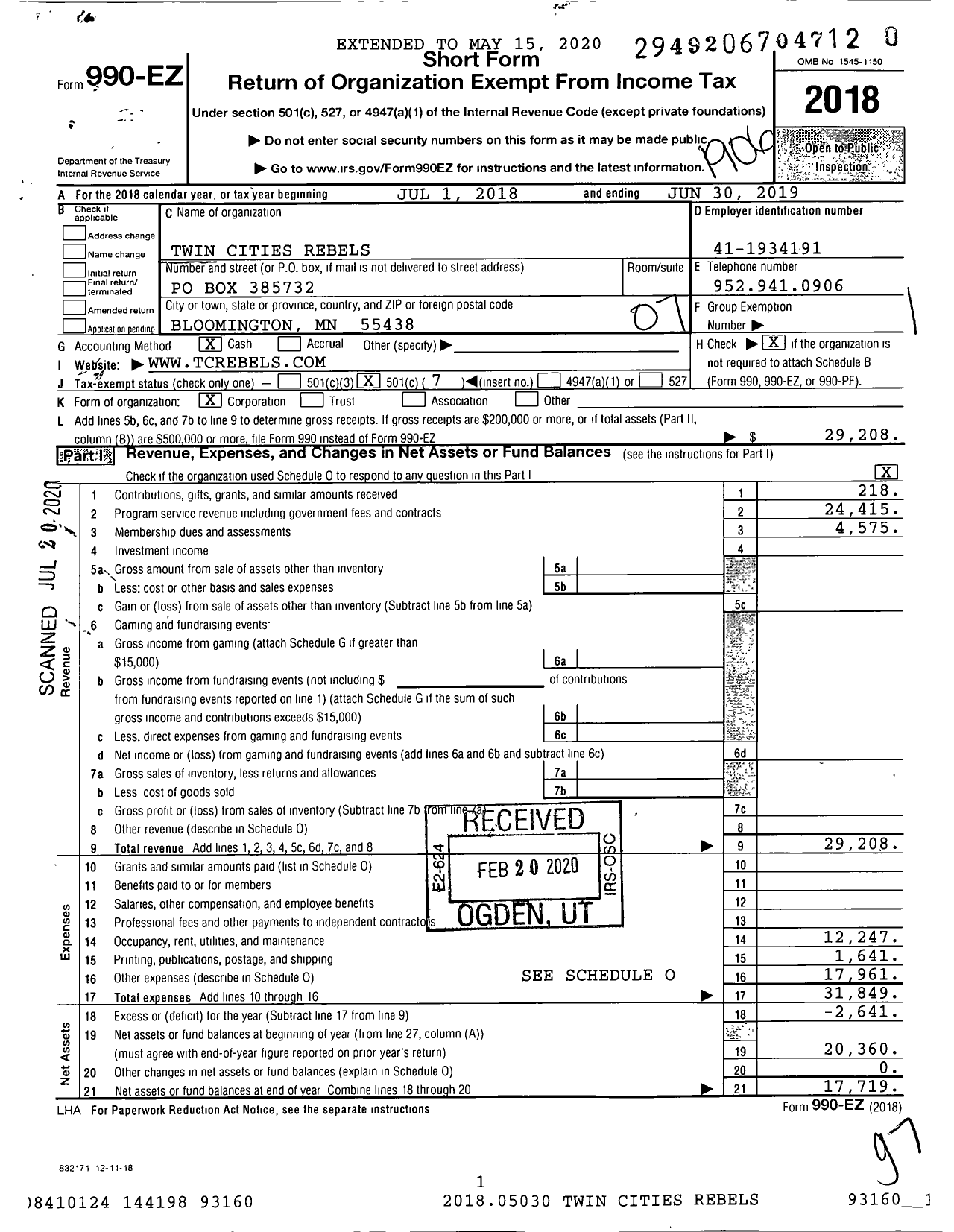 Image of first page of 2018 Form 990EO for Twin Cities Rebels