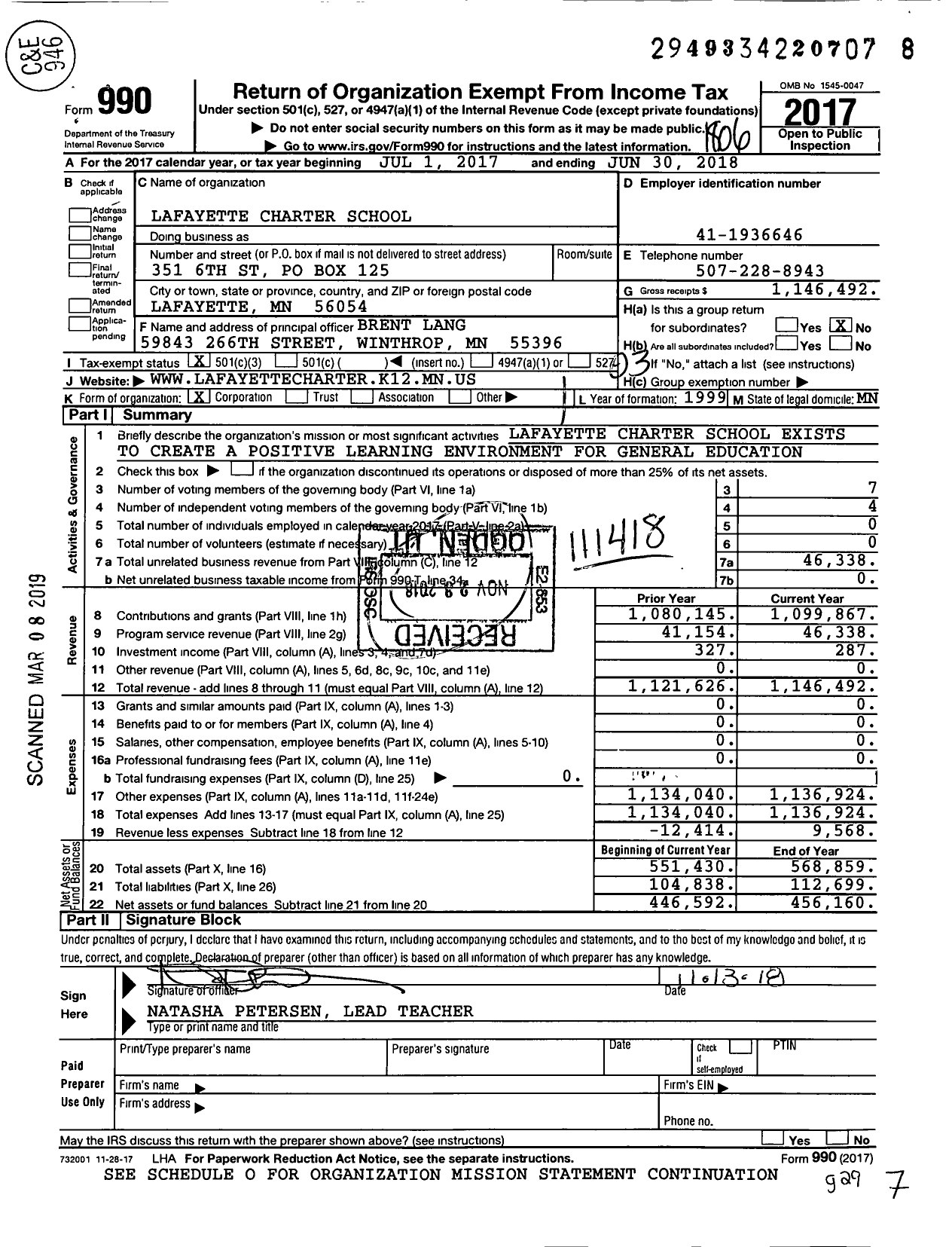 Image of first page of 2017 Form 990 for Lafayette Charter School