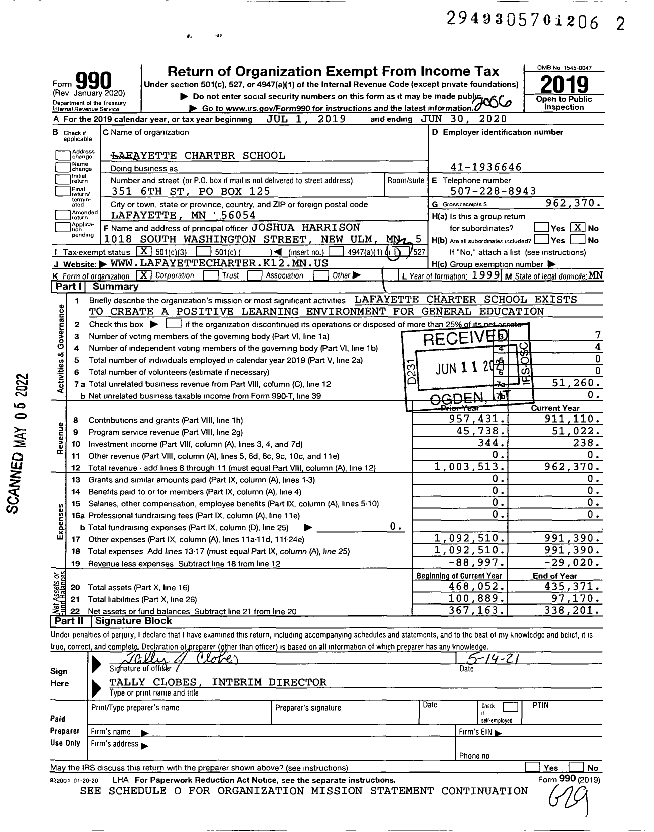 Image of first page of 2019 Form 990 for Lafayette Charter School