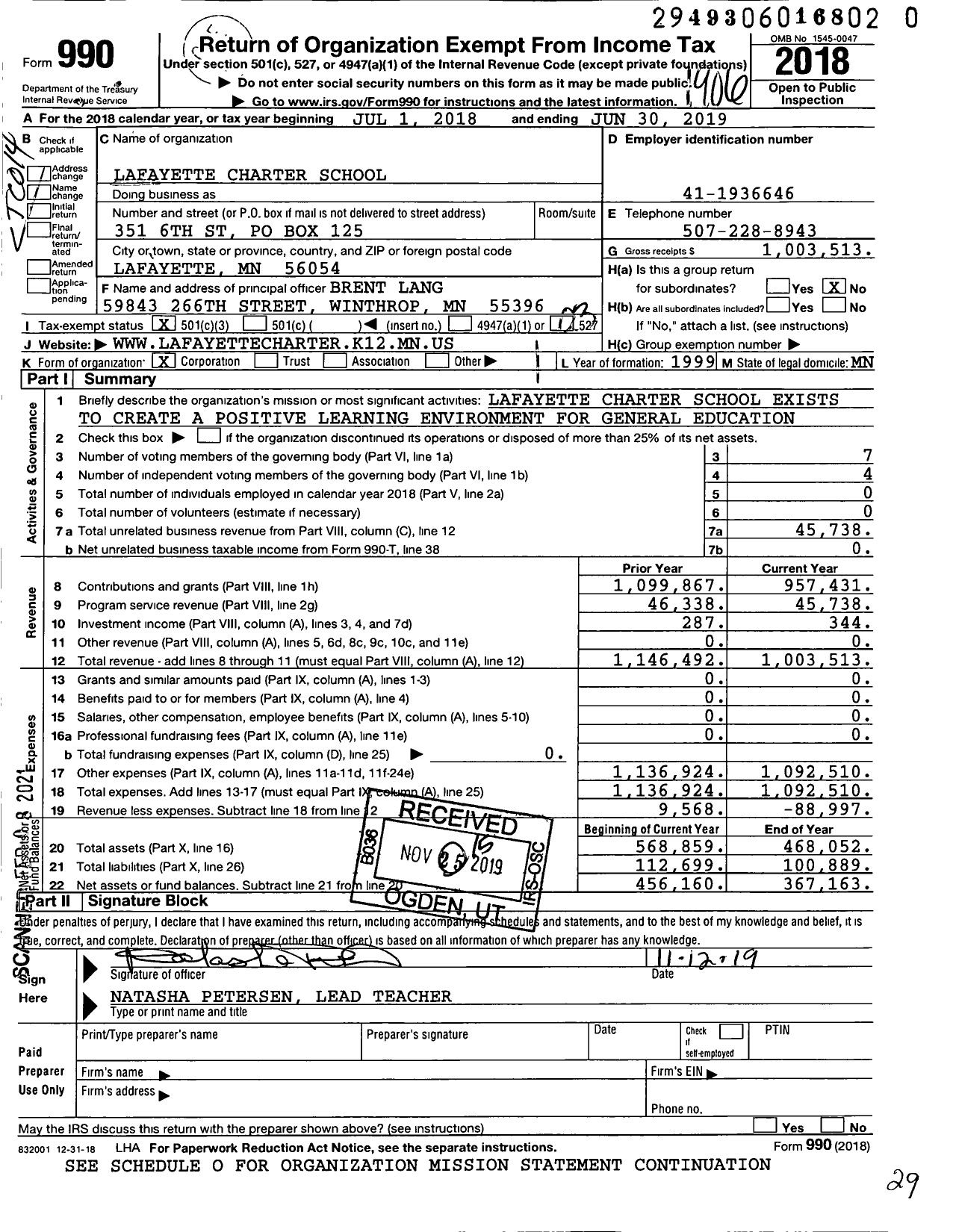 Image of first page of 2018 Form 990 for Lafayette Charter School